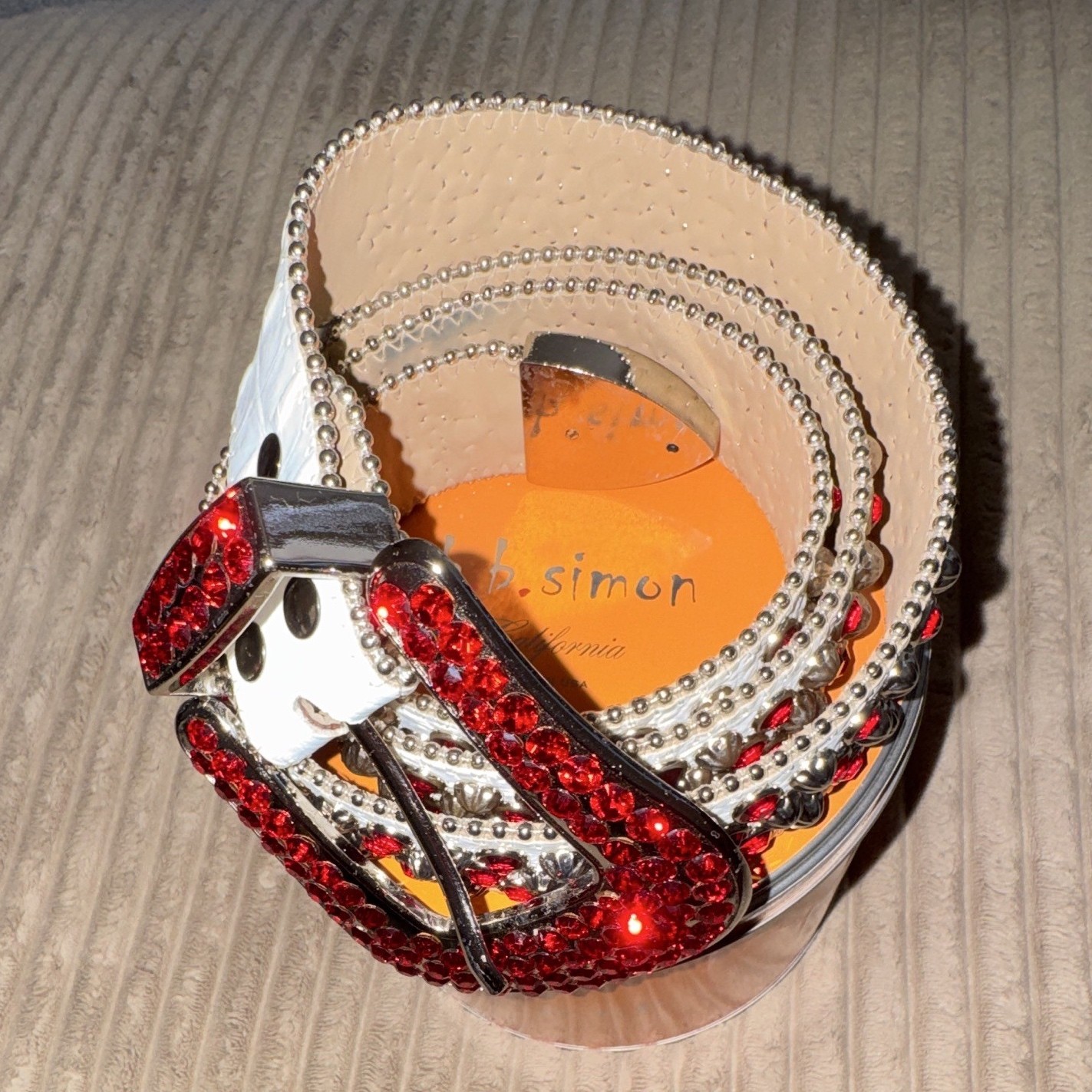 b.b.simon men’s  White Bling Belt Red Rhinestone Buckle Studs Adjustable