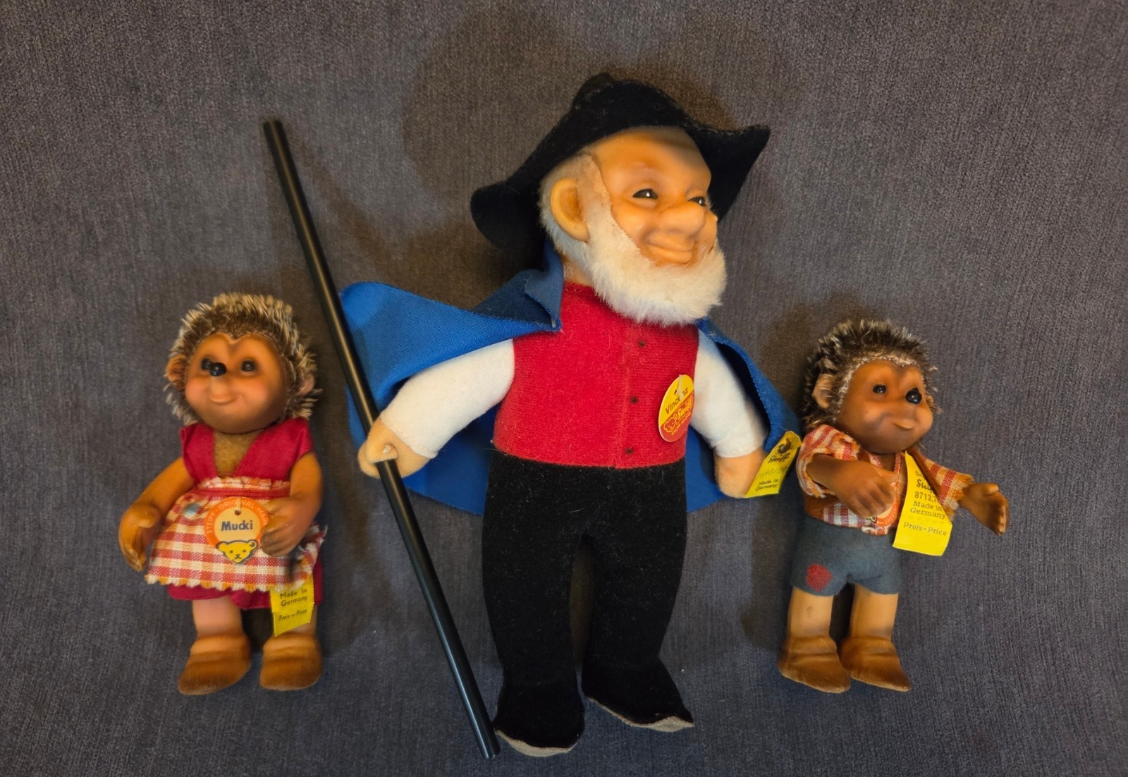 Three Vintage German Steiff Characters Vincenz, Mucki and Macki