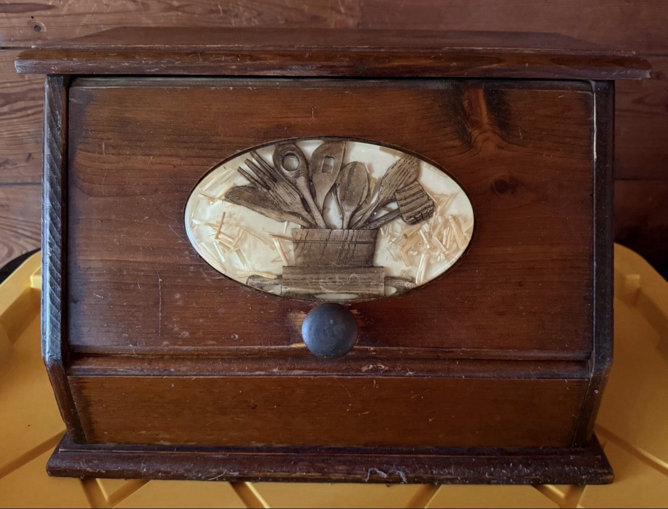 Vintage 1970’s Wooden Bread Box Lucite Resin Inlay with Utensil Design Vintage 1970’s Wooden Bread Box Lucite Resin Inlay with Utensil Design