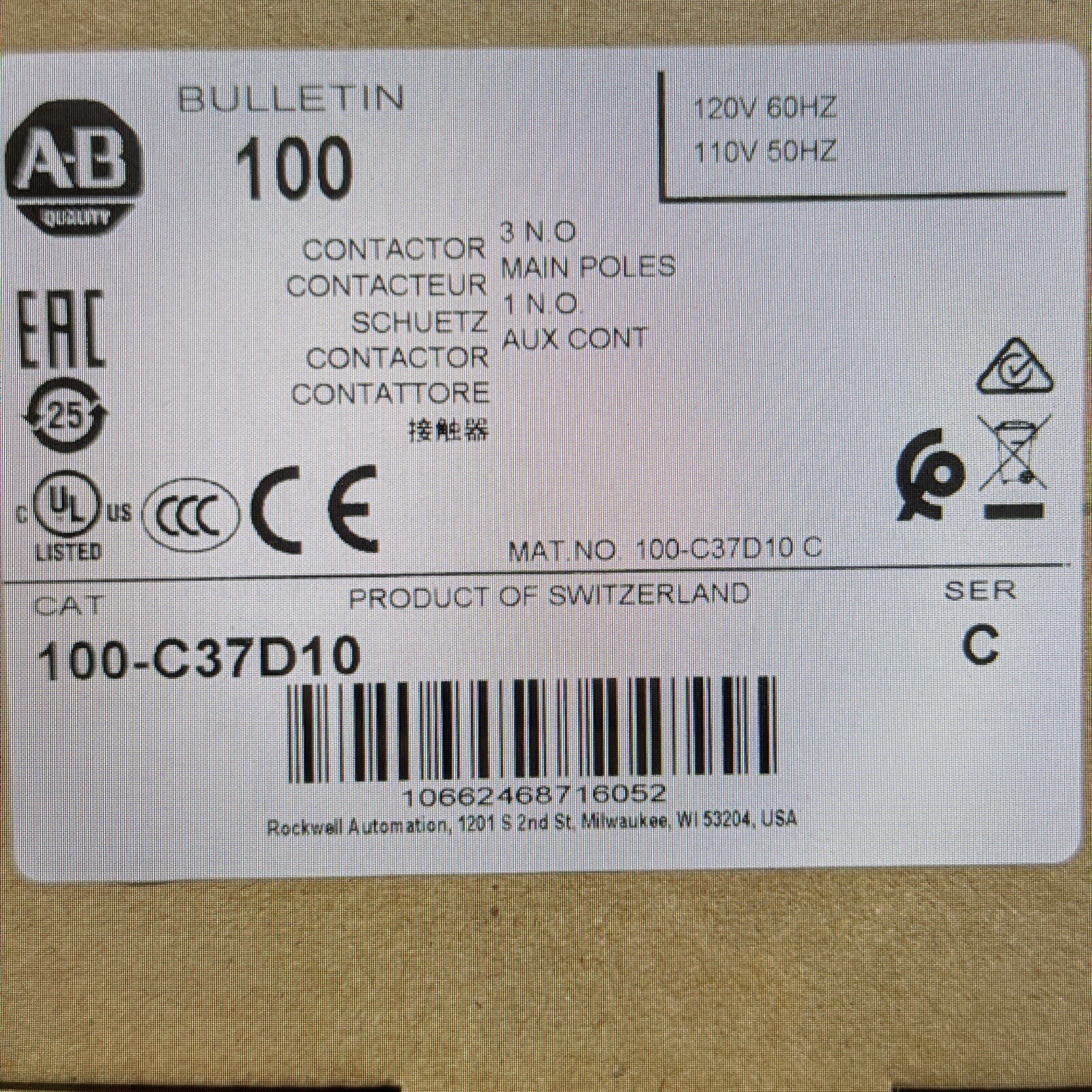 100-C37D10   110-120V     LOT OF 3 PCS     ALLEN BRADLEY NEW CONTACTORS