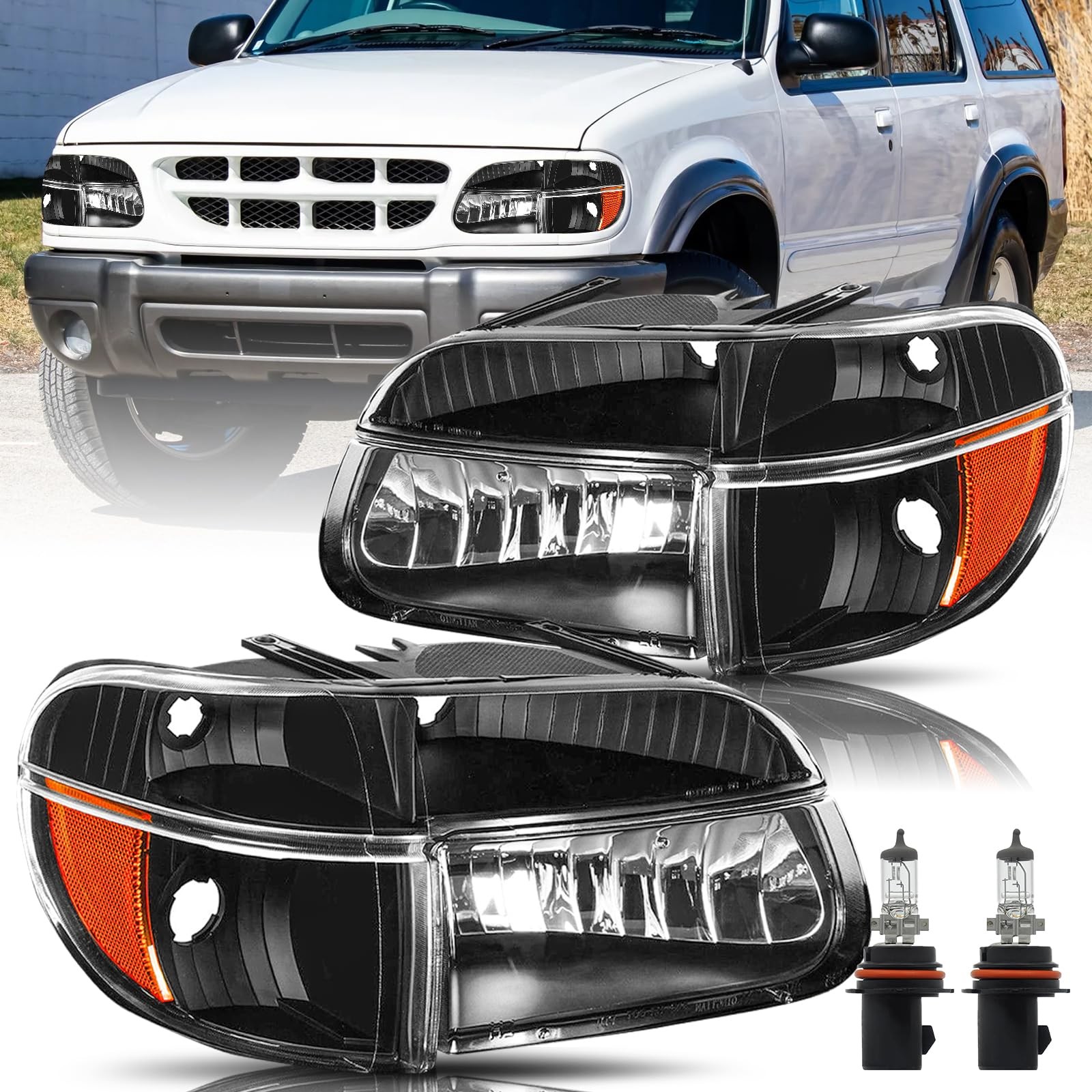 95-01 Ford Explorer/97 Mercury Mountaineer Headlights Black Amber w/Bulbs