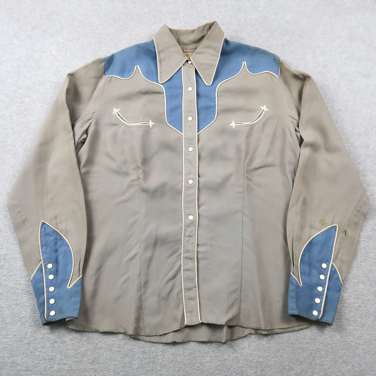 VTG 40s 50s Circle A Western Wear Gabardine Shirt 20 Pearl Snap Smile Pockets