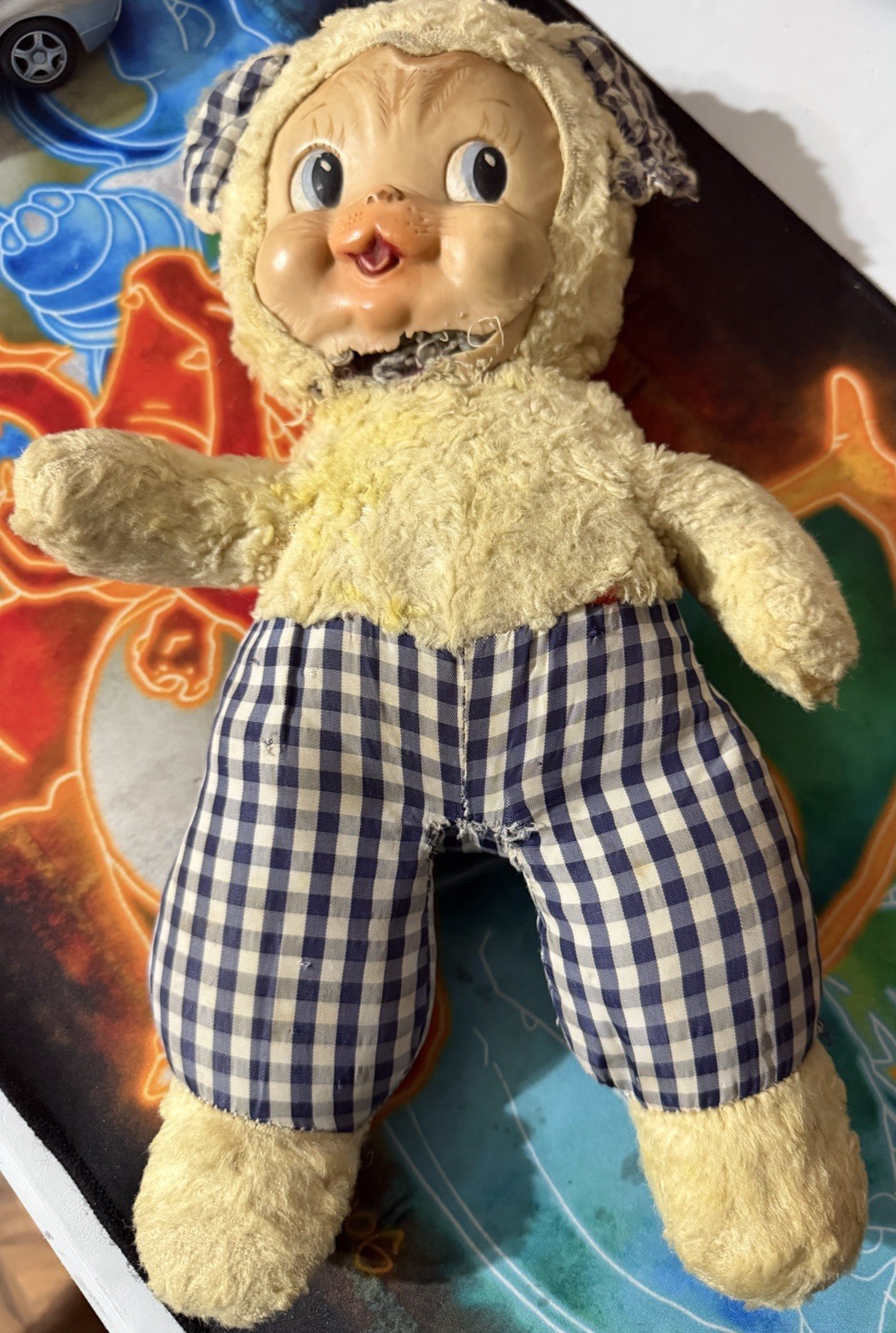 Vintage 1950s 60s Rubber Face Plush Doll Gingham Stuffed Toy AS IS Neck Damage