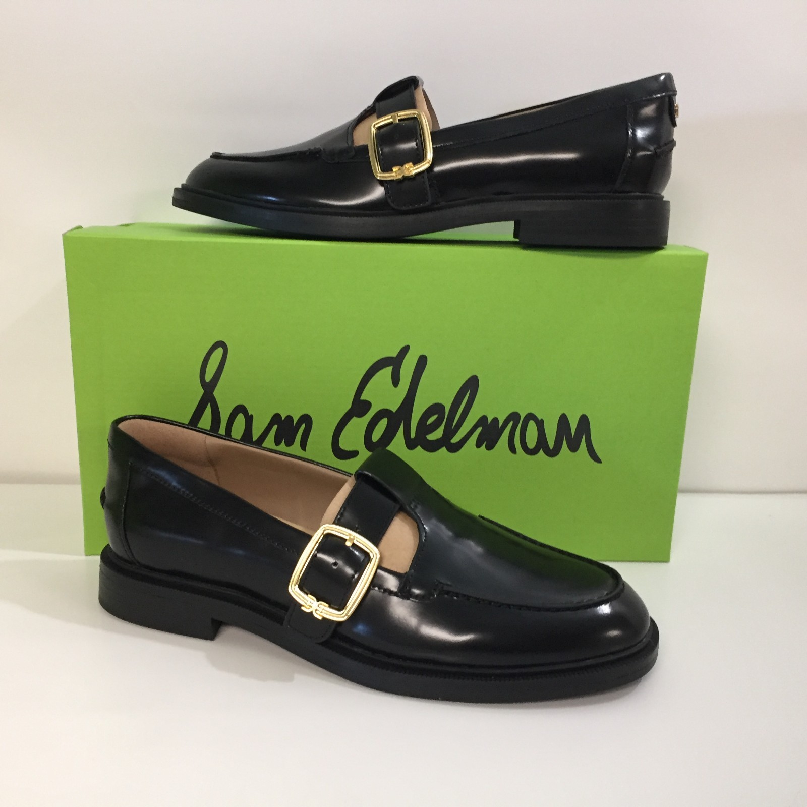 Sam Edelman Women's Elaina Slip On Black Lea Loafers Gold buckle