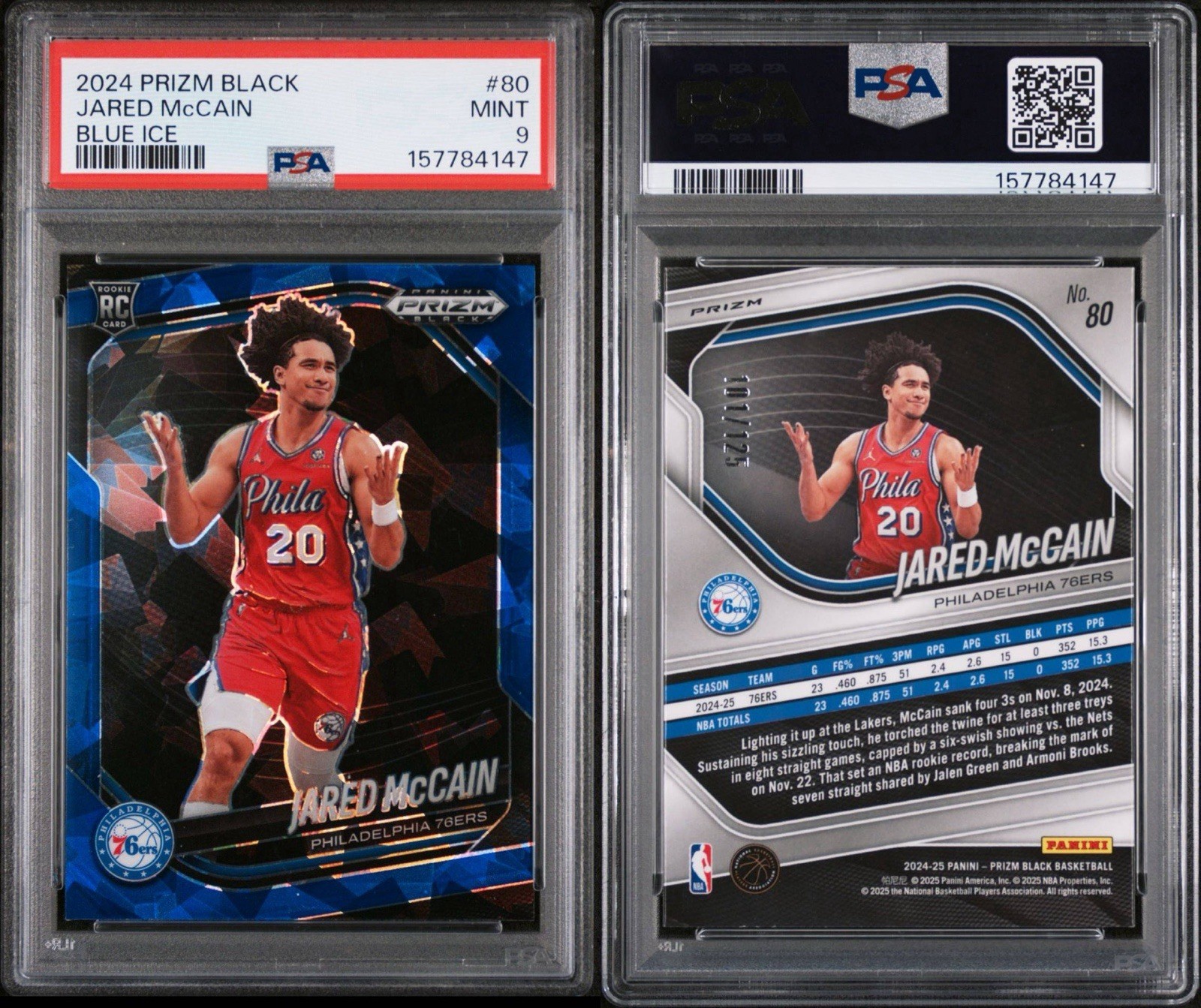 2024-25 Panini Prizm Black Blue Ice Prizm #80 Jared McCain RC /125 PSA 9 2024-25 Panini Prizm Black Blue Ice Prizm #80 Jared McCain RC /125 PSA 9
