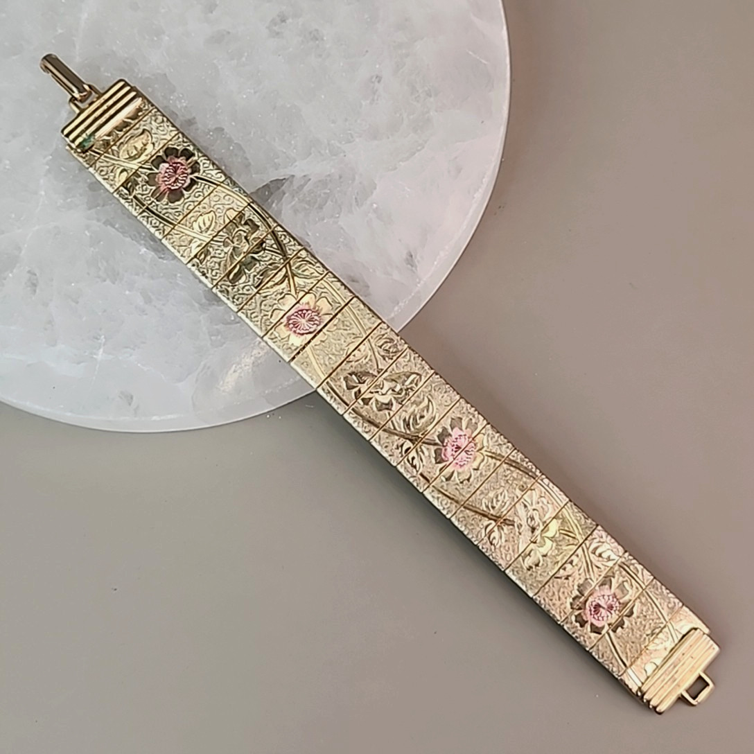 Vintage Mesh Bracelet Etched Panels Pink Flowers Gold Tone 6.5\ Vintage Mesh Bracelet Etched Panels Pink Flowers Gold Tone 6.5\