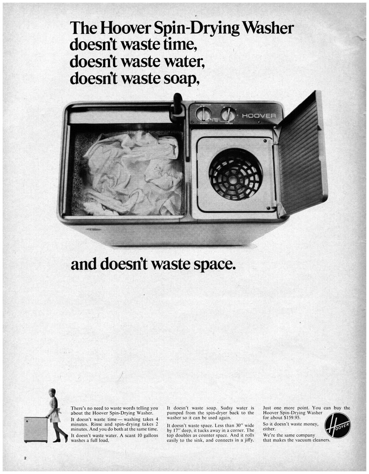 1967 Hoover Spin Drying Washer Vintage Print Ad Twin Tub Housewife Time Saver