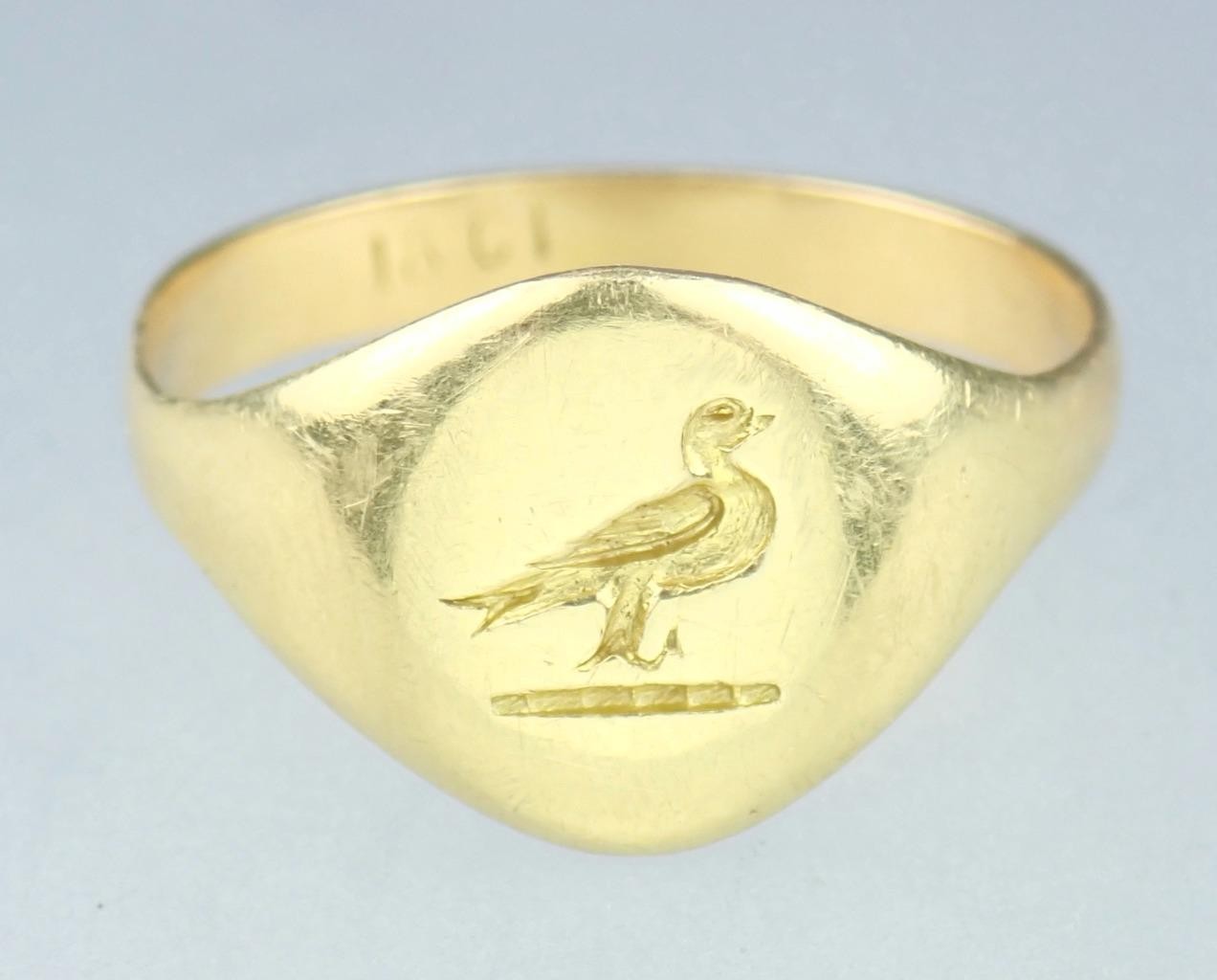 Antique Edwardian 18K Gold Carrier Pigeon Bird Intaglio Signet Pinky Ring 4.75