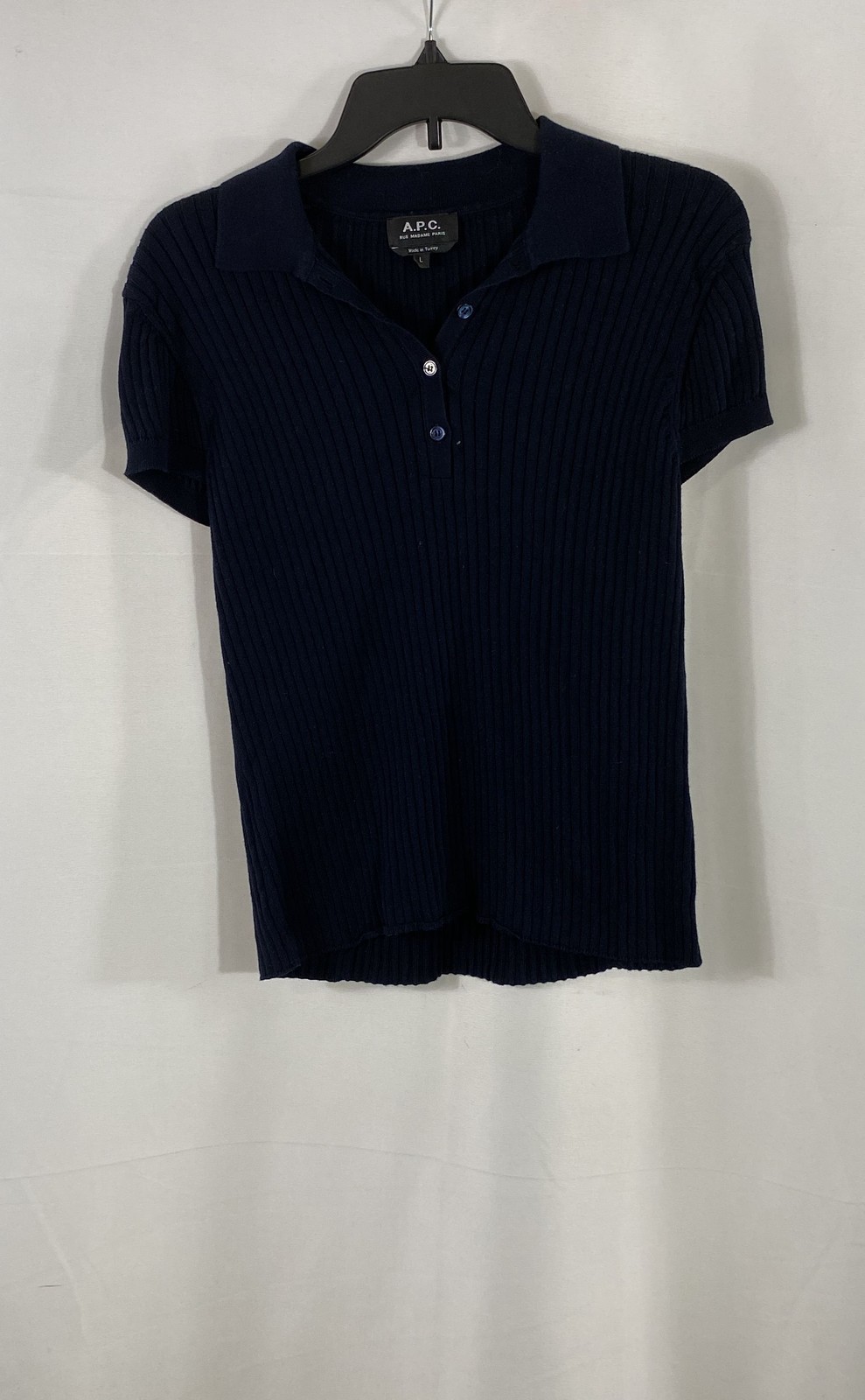 A.P.C. Women\'s Navy Blue Ribbed Cotton Knit Short Sleeve Polo Shirt Sz L