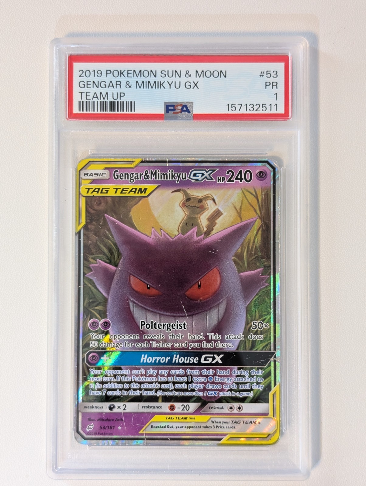 2019 Pokemon SM Sun Moon Team Up PSA 1 Gengar & Mimikyu GX #53 Tag FA Holo 2019 Pokemon SM Sun Moon Team Up PSA 1 Gengar & Mimikyu GX #53 Tag FA Holo