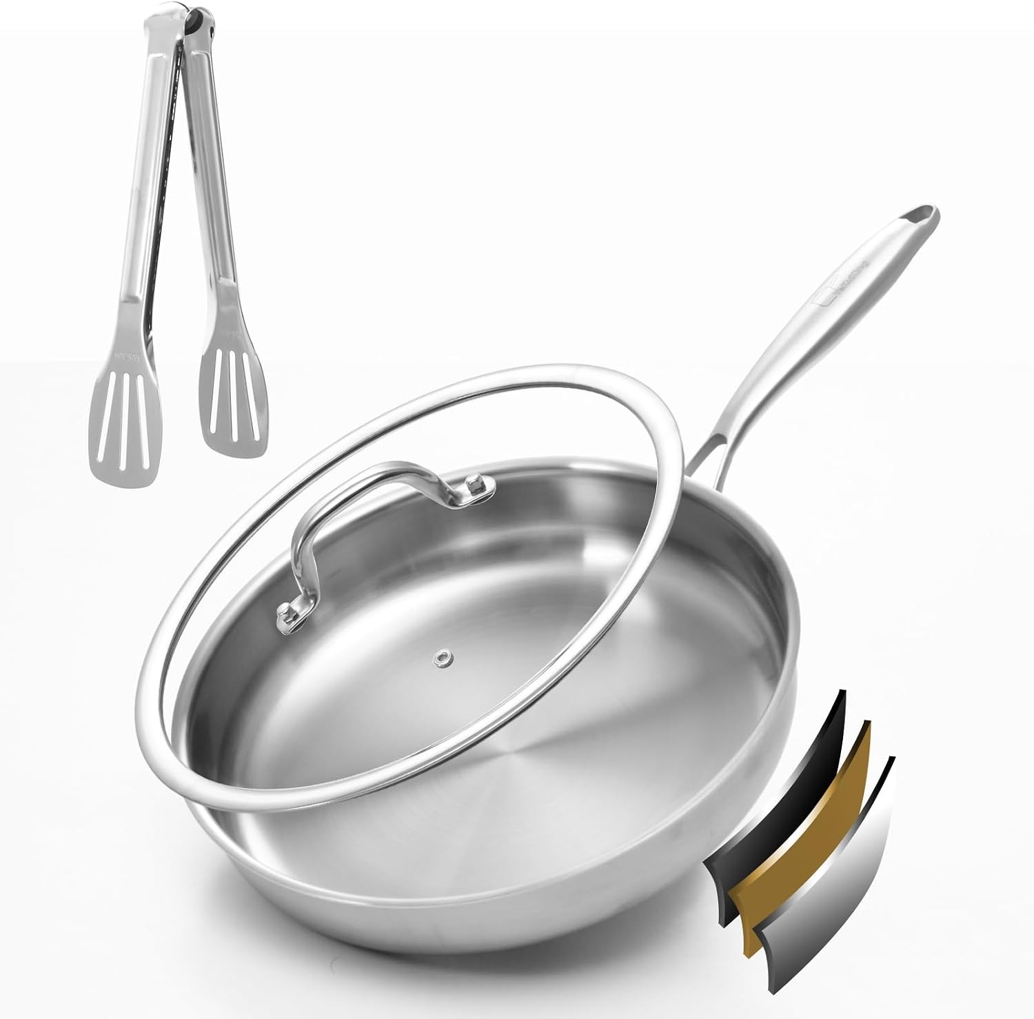 Tri-ply Stainless Steel Frying Pan 12 Inch with Lid Large Skillet for Chef\'s