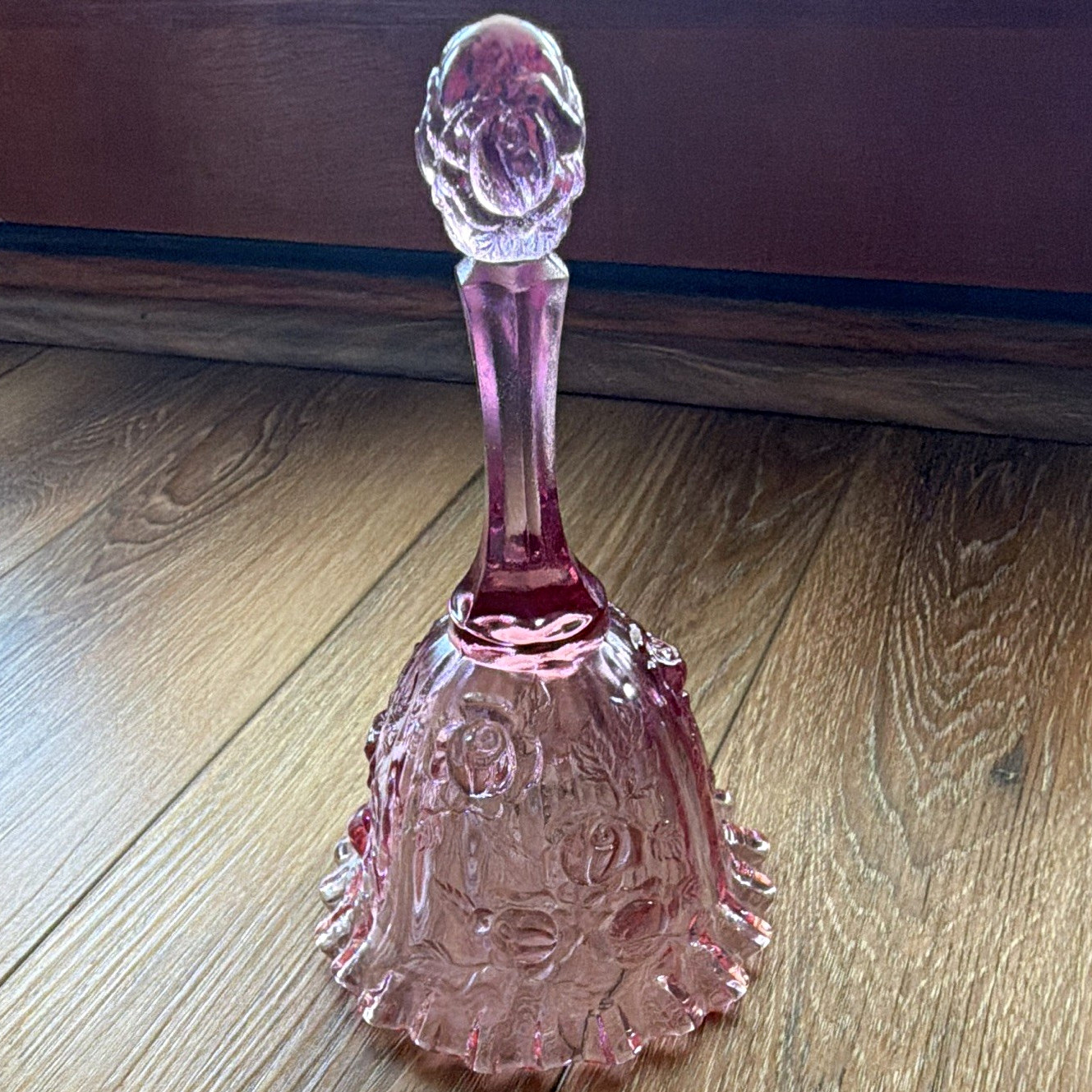 Fenton Handmade USA Rose Glass Bell Pink/Clear Rose Floral Handle