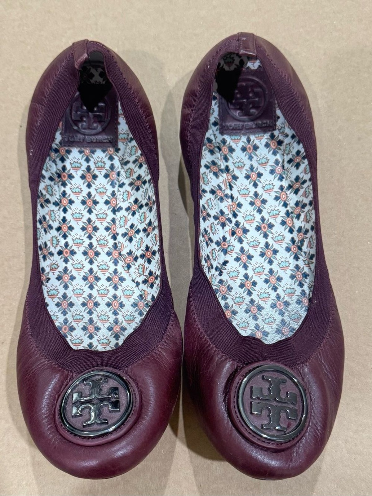 Tory Burch Caroline Ballet Flats Women 10.5M Burgundy Leather Logo Shoes