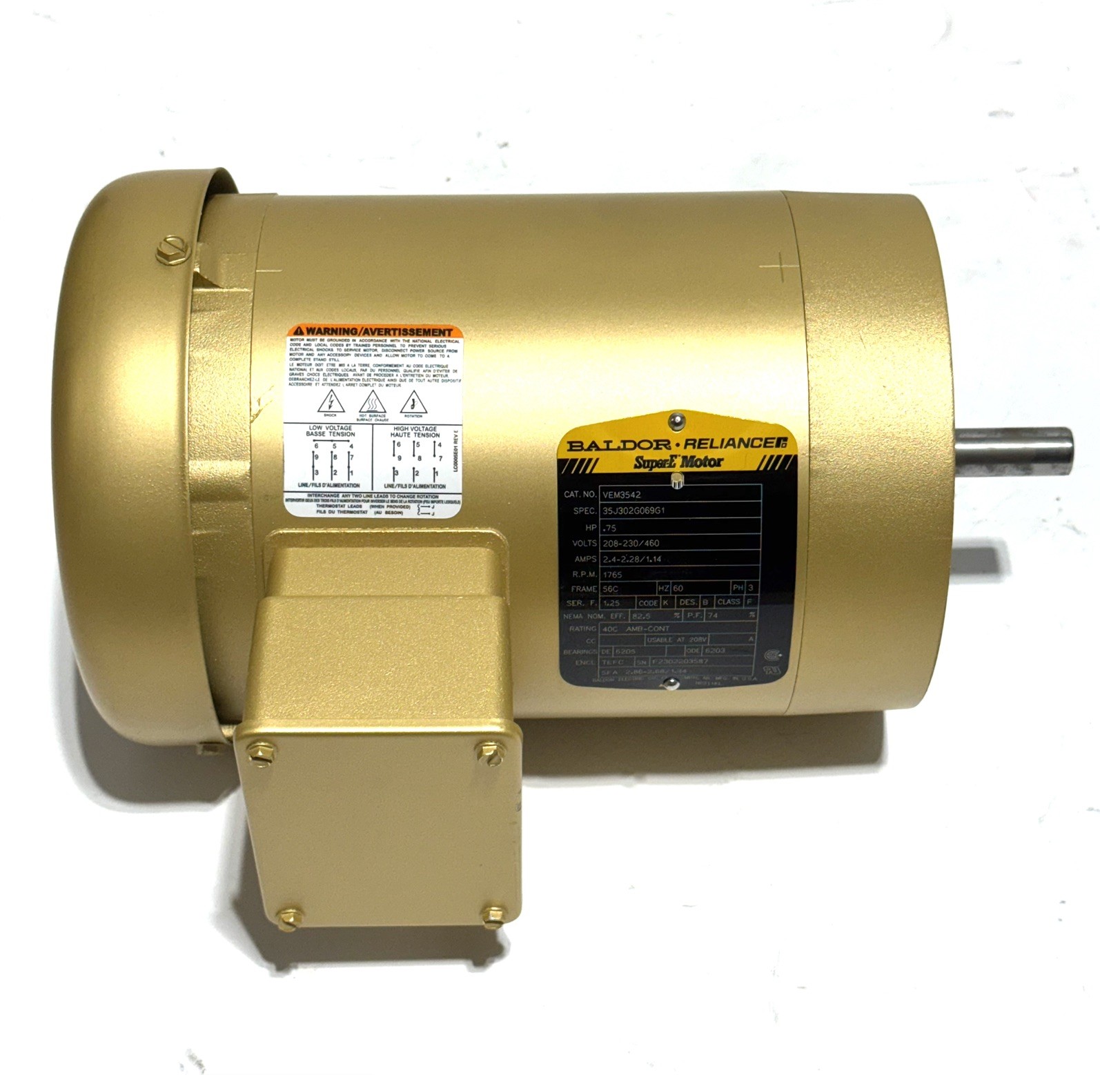 Baldor Reliance VEM3542 Super-E Motor 3/4HP 1765RPM 208-230/460V 3PH 56C