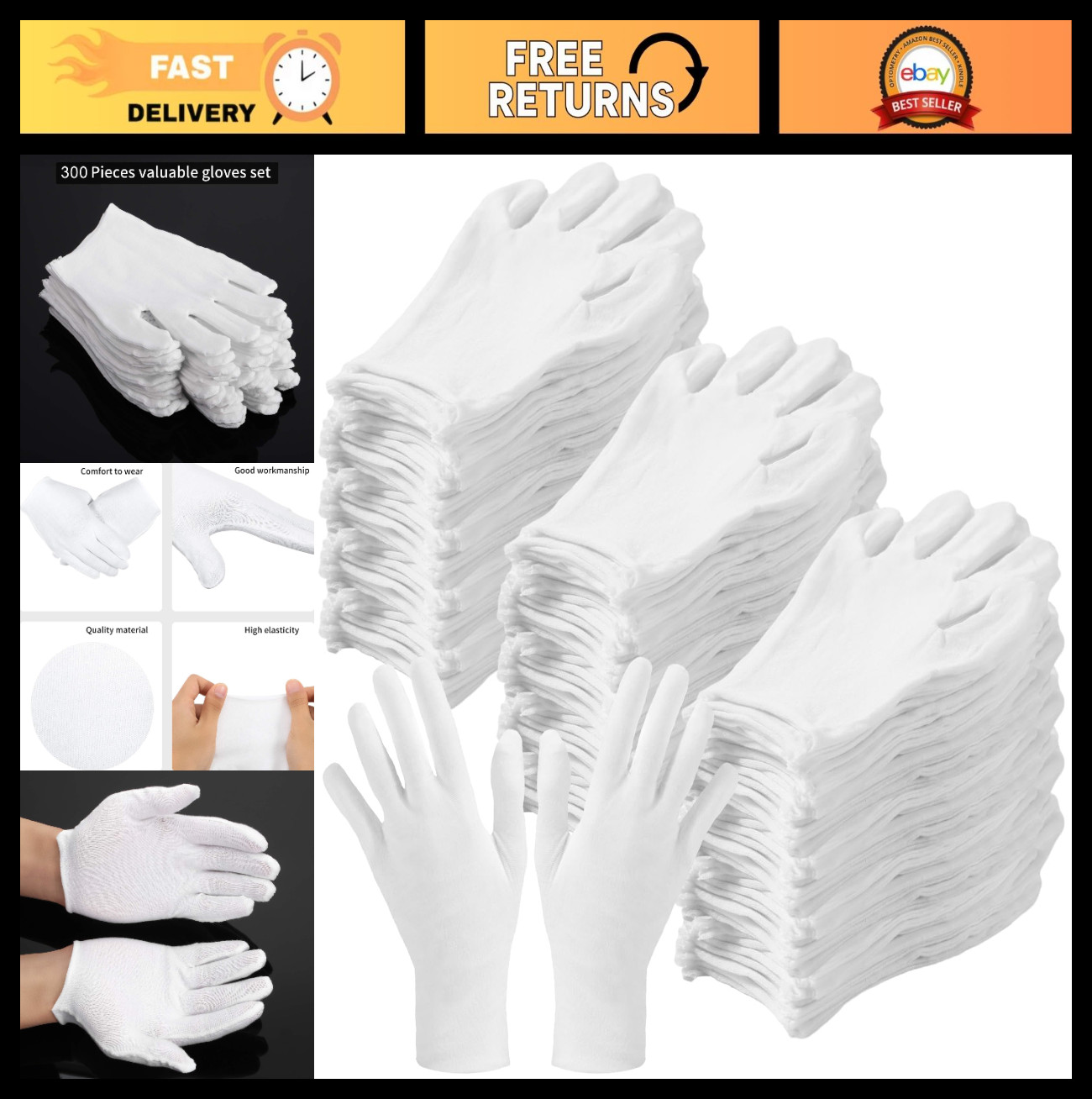 300 Pcs Large Cotton Gloves for Men & Women - Inspection, Art Handling, Dry Hand 300 Pcs Large Cotton Gloves for Men & Women - Inspection, Art Handling, Dry Hand