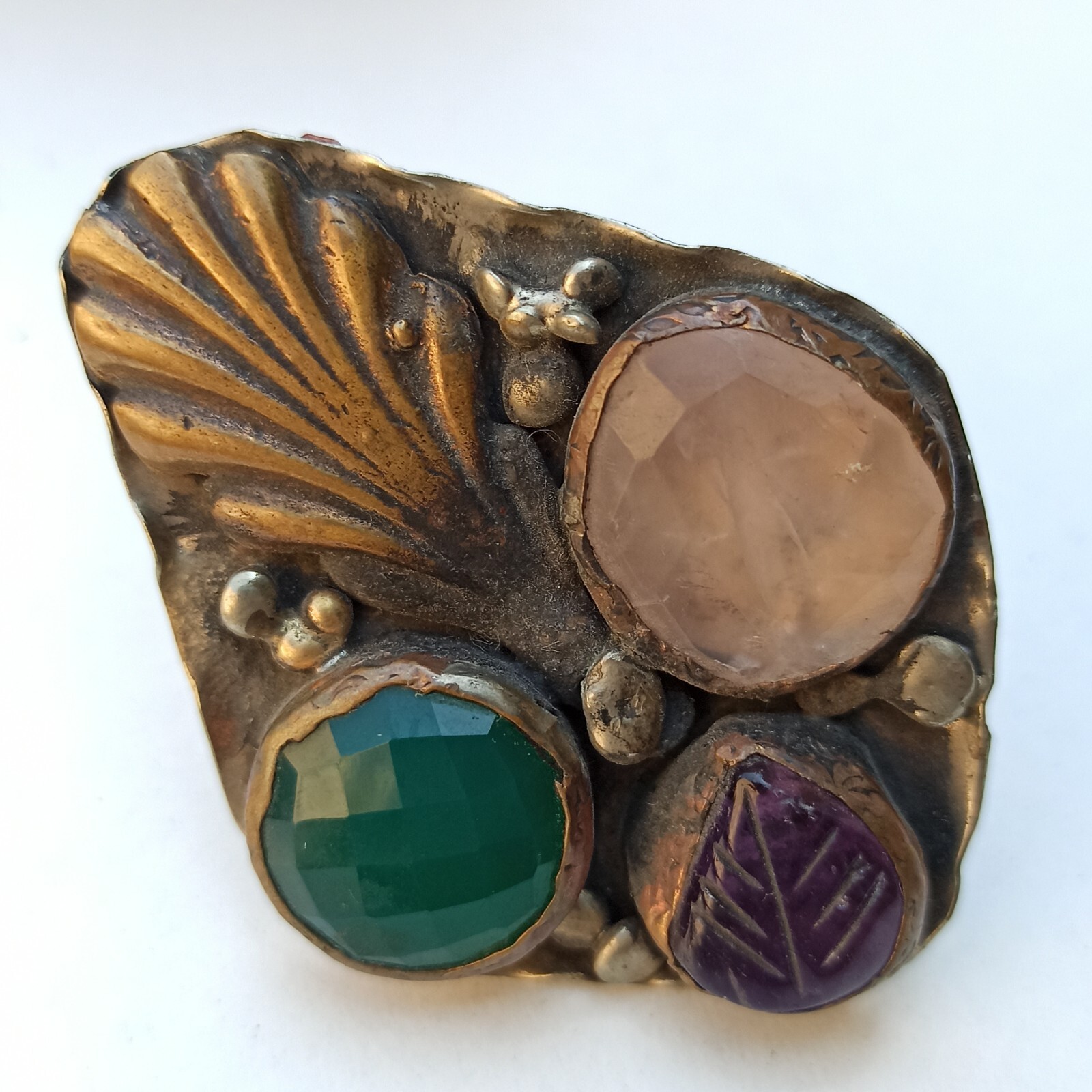 OOAK Vintage Ring Massive Chunky Faceted Tourmaline Rose Quartz Amethyst Artisan