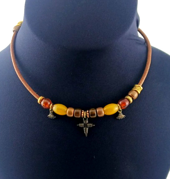 Vintage 1980s Signed Robert Rose Ethiopian Coptic Cross Pendant Leather Necklace