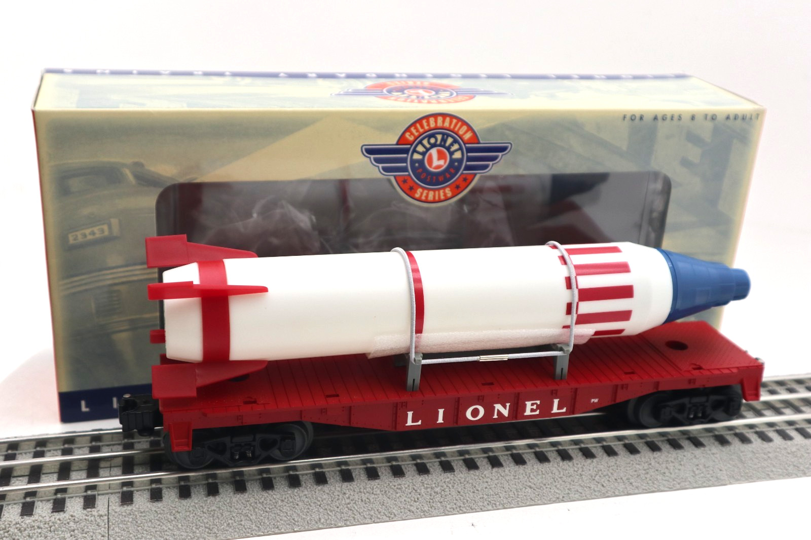 Lionel, O, 6-26025, PW Celebration Flat Car with Rocket, #6407, C-9 NIB