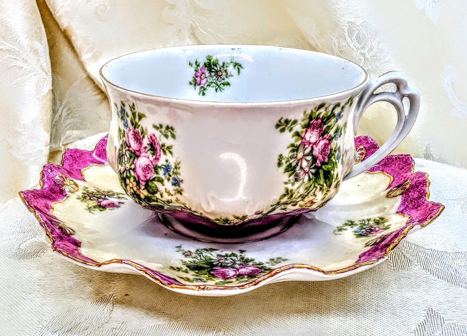  Antique MZ Austria Teacup Saucer Pink Roses Magenta Scalloped Porcelain Gold