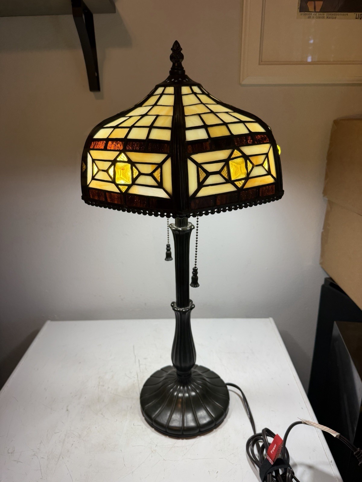 Vintage 2002 Tiffany Style Stained Glass Table Lamp 24” Dual Pull Chain