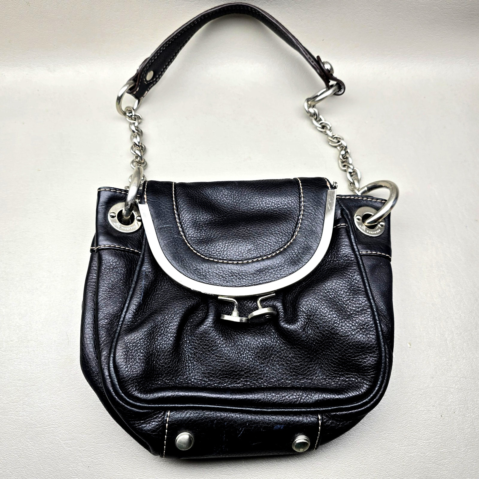  B Makowsky Black Leather Satchel Handbag Purse Silver Hardware Chain Strap 9x7