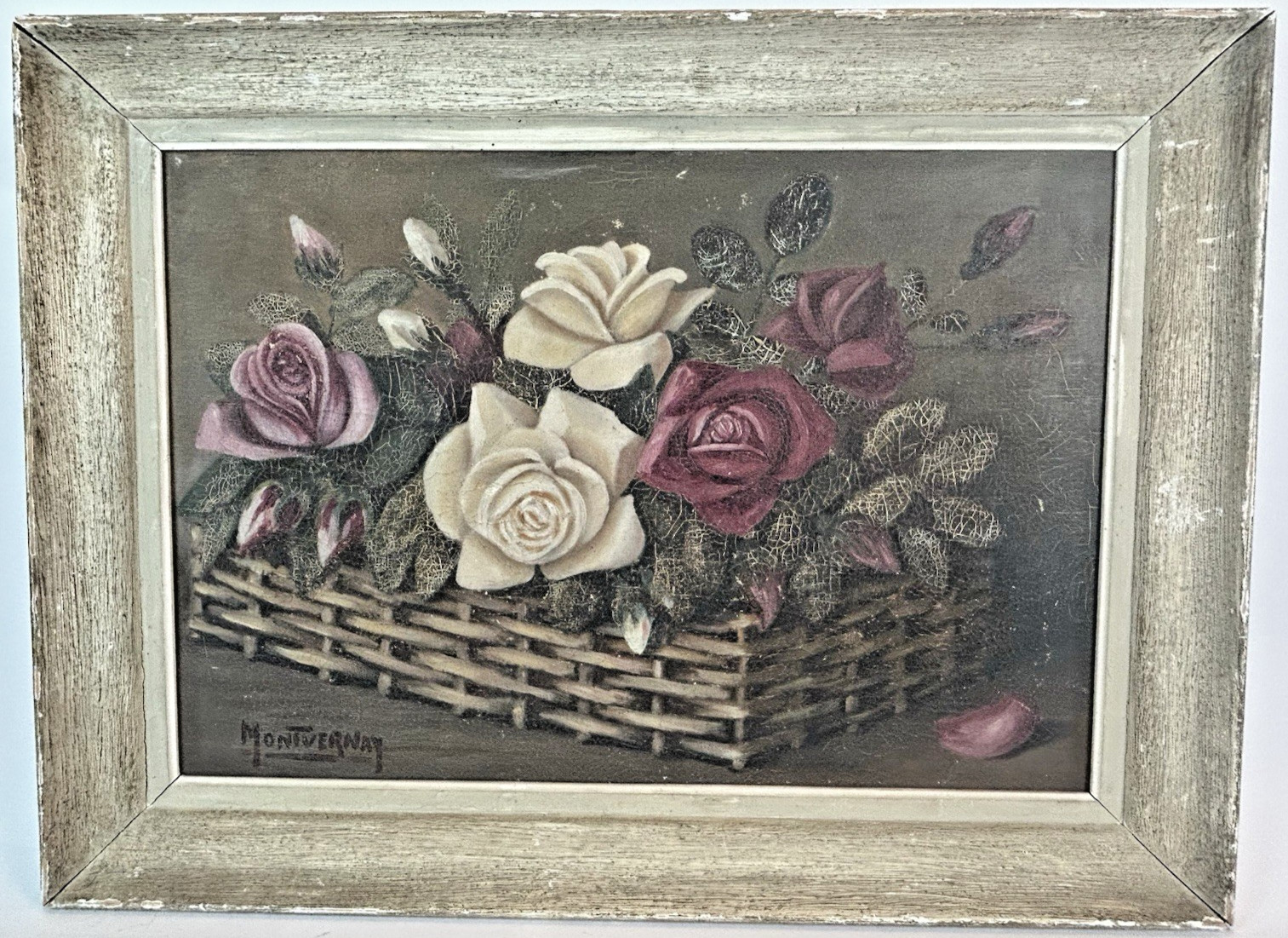 1890 French Oil Painting Roses Floral Basket Still Life Signed Montvernay Framed