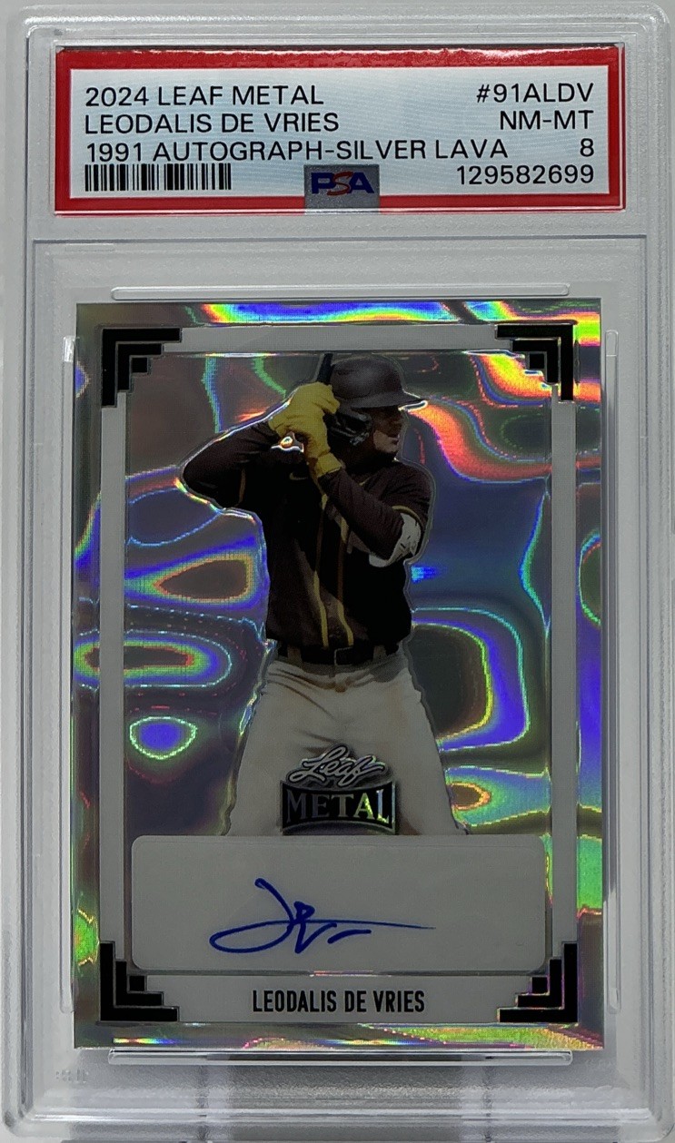 Leodalis De Vries Rookie Auto PSA 8-2024 Leaf Metal 1991 Style ‘Silver Lava’ /25