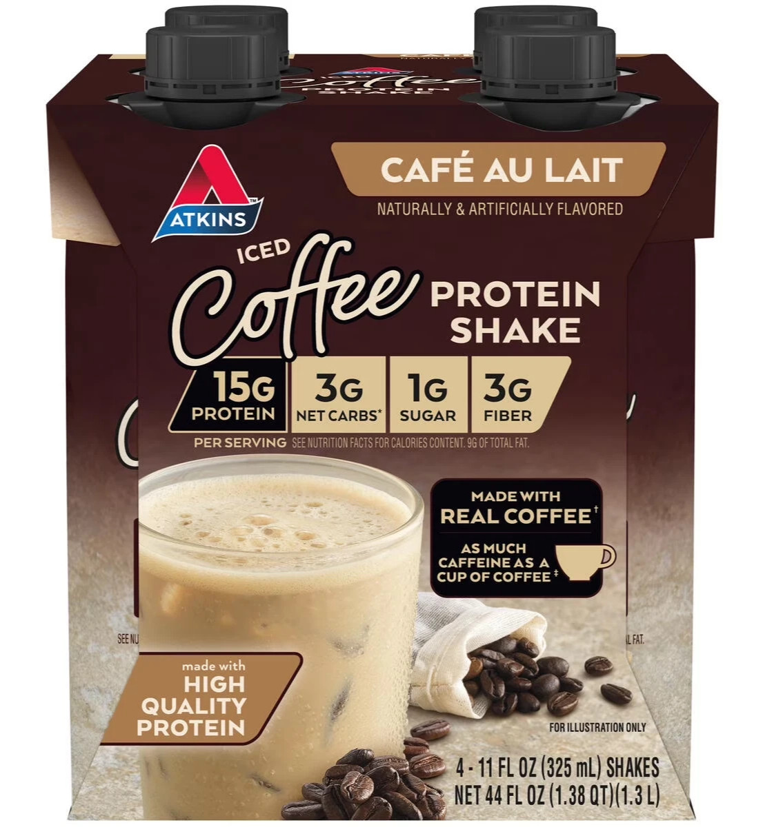Atkins Café au Lait Iced Coffee Flavored High Protein Shake 4 Count Atkins Café au Lait Iced Coffee Flavored High Protein Shake 4 Count