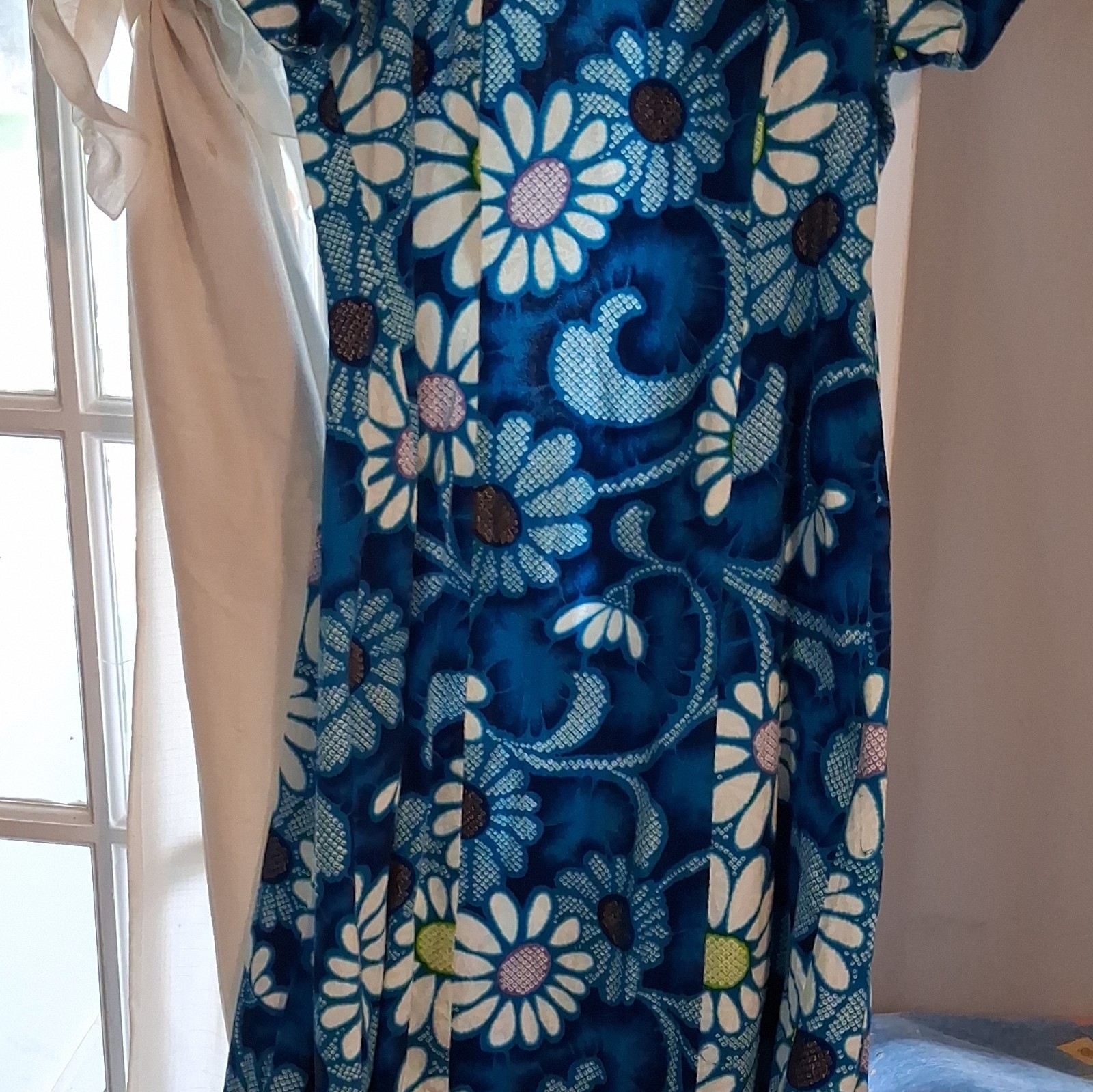 Island Casuals Maxi Dress Women Blue Floral Tropical Barkcloth Vintage Tiki Boho