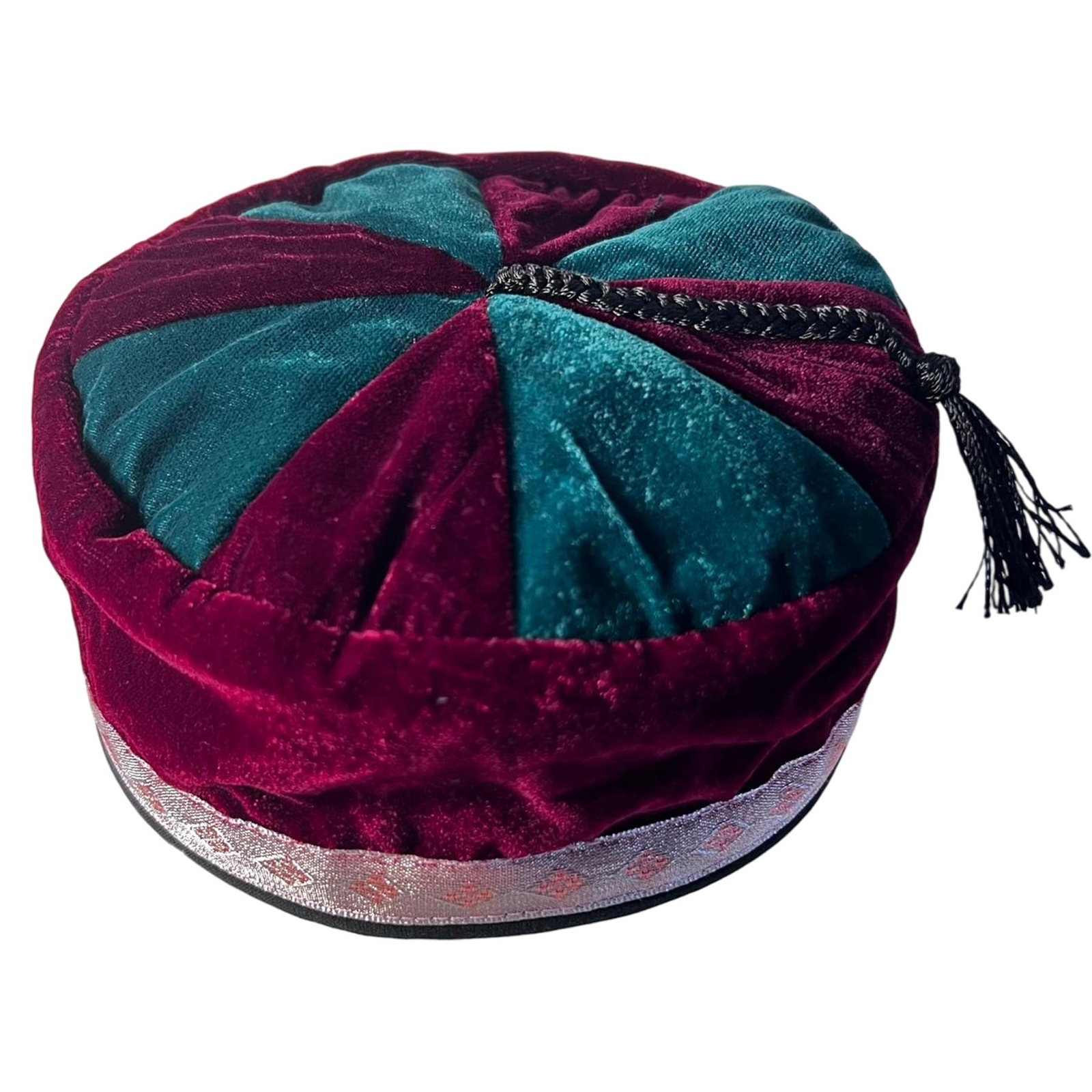 Size 57cm, medium, Handmade Nepalese maroon and deep green velvet Smoking Cap