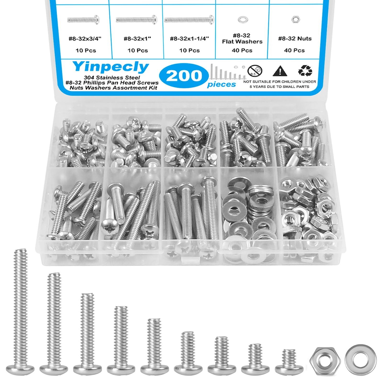 200pcs 8-32 Phillips Pan Head Machine Screws Nuts Washers Assortment Kit,304 ... 200pcs 8-32 Phillips Pan Head Machine Screws Nuts Washers Assortment Kit,304 ...