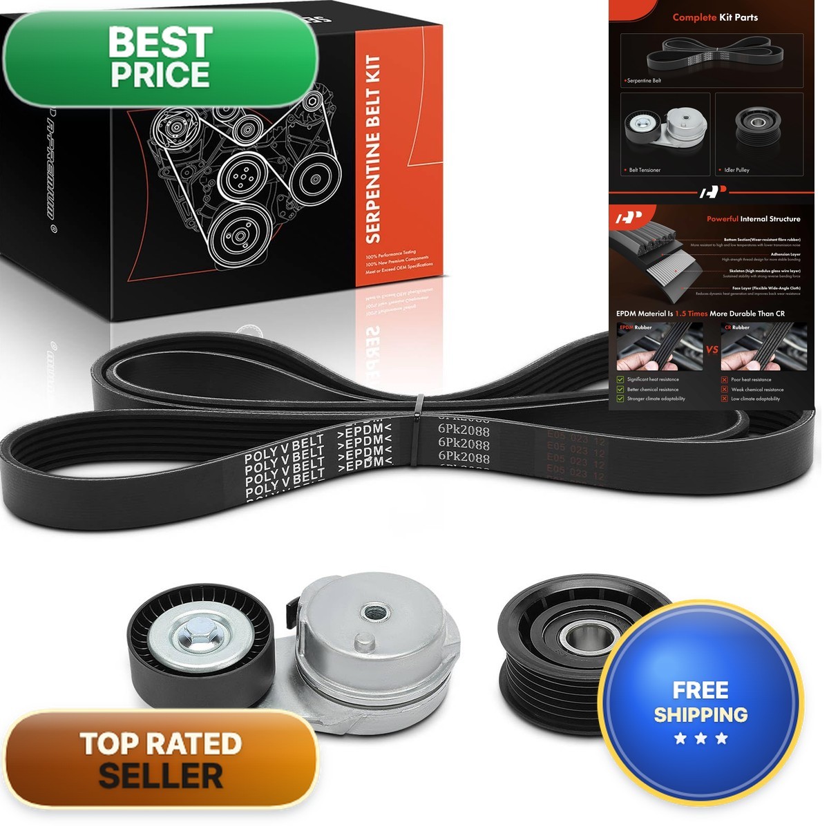 A-Premium Serpentine Drive Belt Kit w/ Tensioner & Idler Pulley