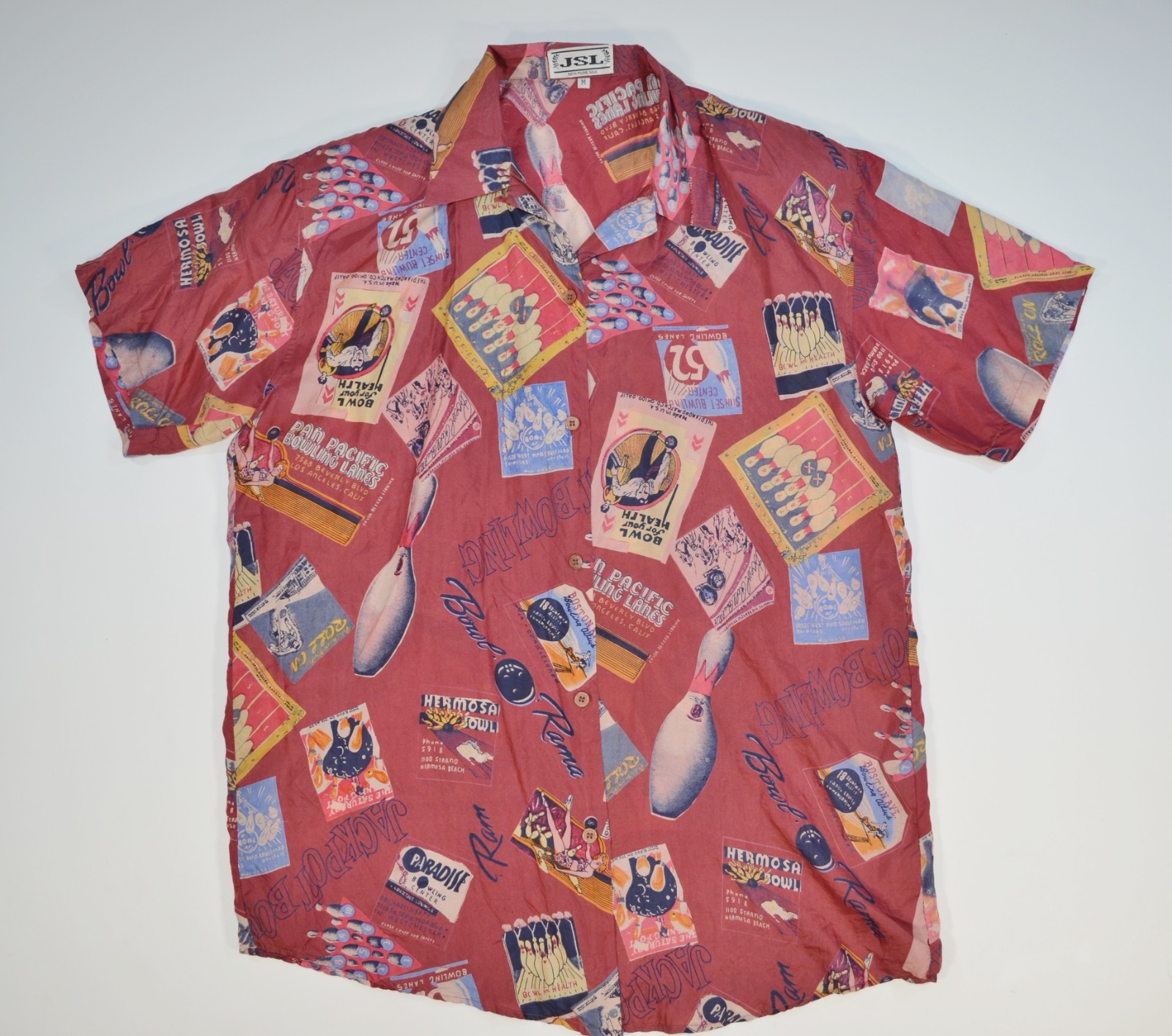 JSL 100% Pure Silk Vintage Bowling Theme Button Up Shirt California