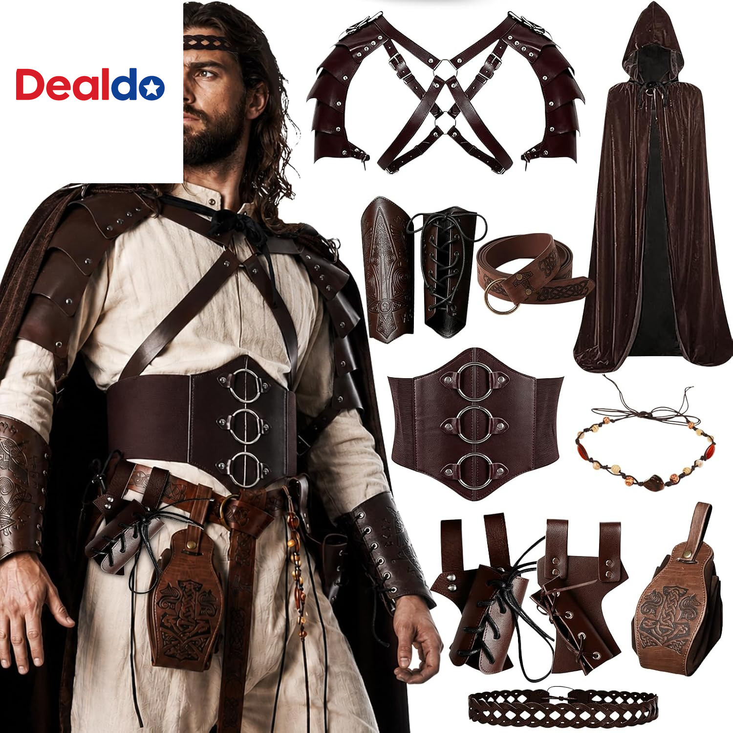 Mens Renaissance Costume Set Medieval Pirate Viking Cosplay Halloween 11 Pcs