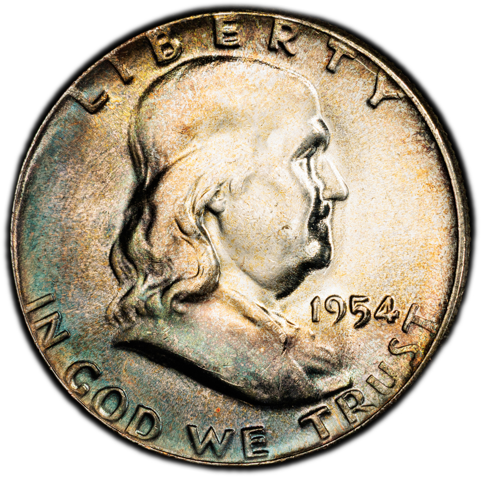 1954-P PCGS MS64 Franklin Half Dollar | Double-Sided Colorful Crescent Toning