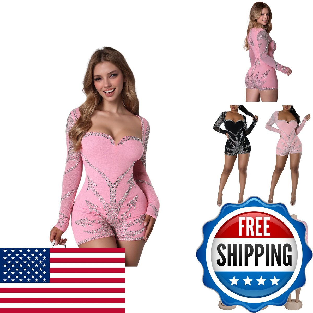 PORRCEY Women Sexy Rhinestone Deep V Square Neck Romper(K2900,Pink,S) PORRCEY Women Sexy Rhinestone Deep V Square Neck Romper(K2900,Pink,S)