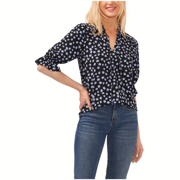 CeCe Womens 3/4-Sleeve Tie Neck Blouse Rich Black XL