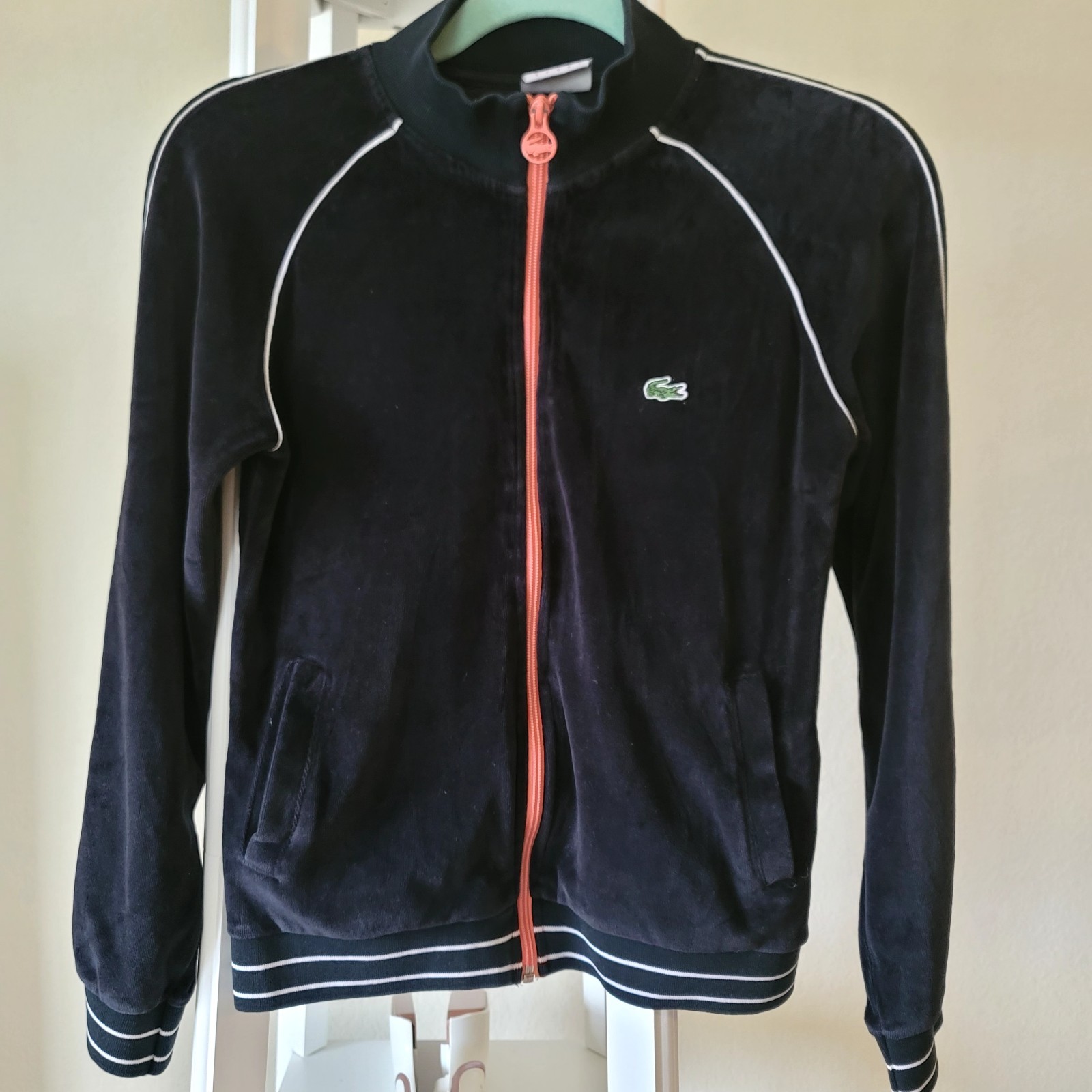 Lacoste Women\'s Black Velour Full Zip Collared Logo Track Jacket Size M