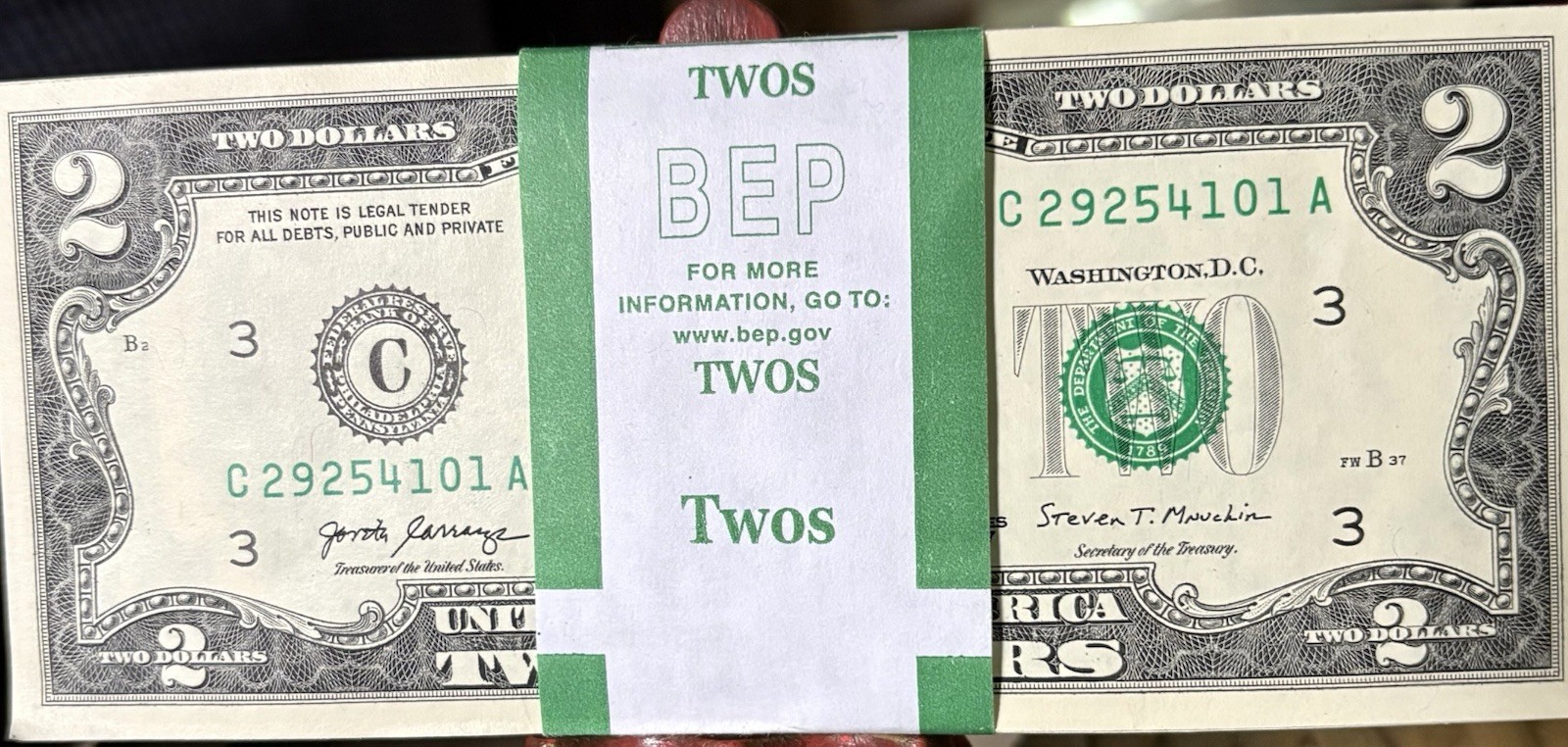 2017 Sequential $2 Federal Reserve Note Strap Bundle Banknote Uncirculated