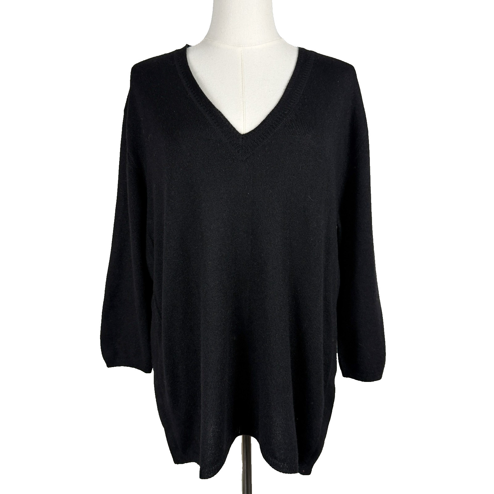 Magaschoni Large 100% Cashmere Sweater V-Neck Black Tunic Buttoned Sides RENEWED