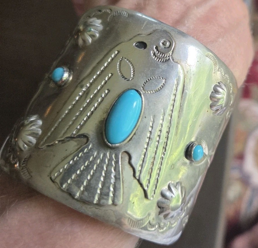 Vintage Navajo Thunderbird Silver Nickel Turquoise Wide Cuff Bracelet Vintage Navajo Thunderbird Silver Nickel Turquoise Wide Cuff Bracelet