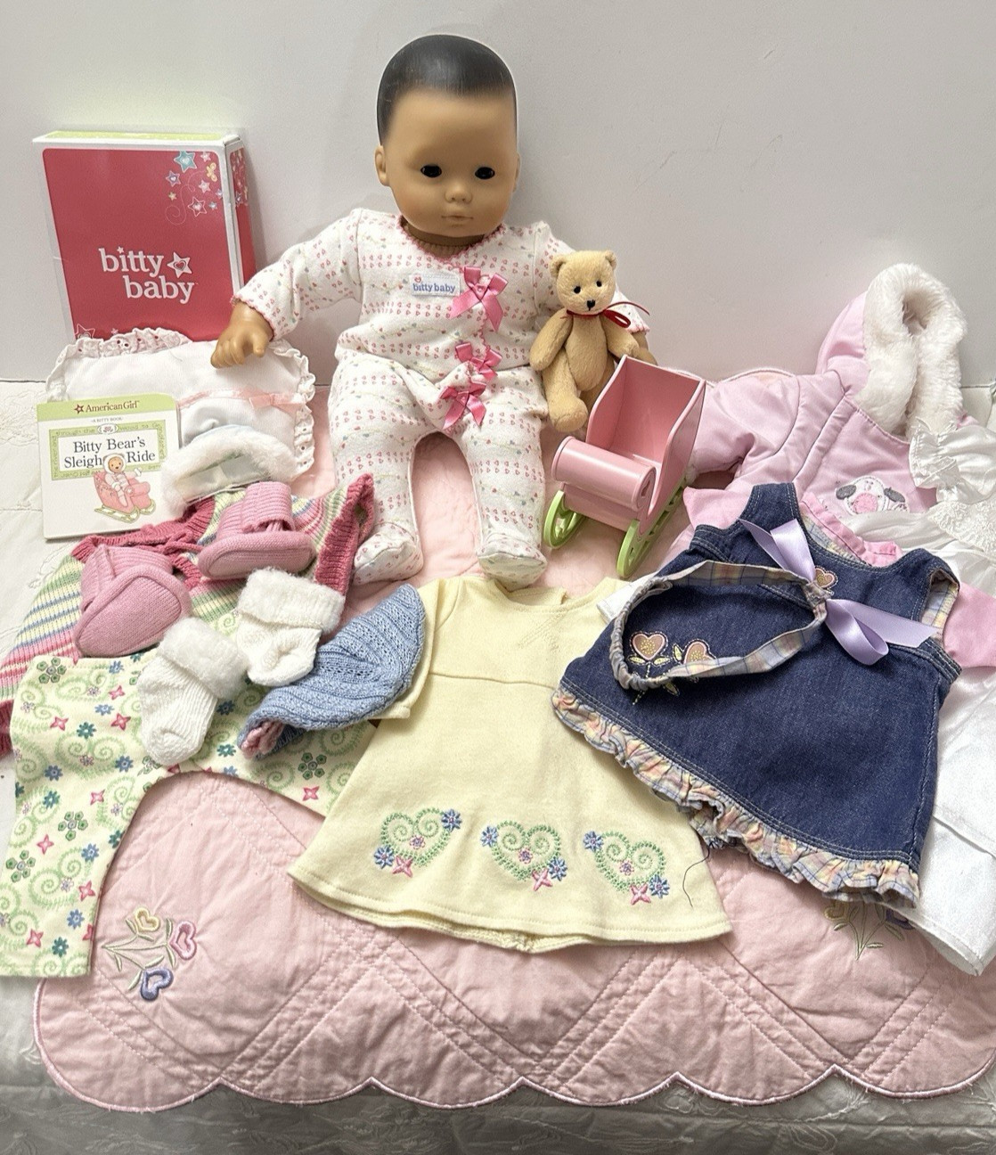 American Girl Vintage Asian Bitty Baby Doll Lot Bear Retired Outfits Travel Set