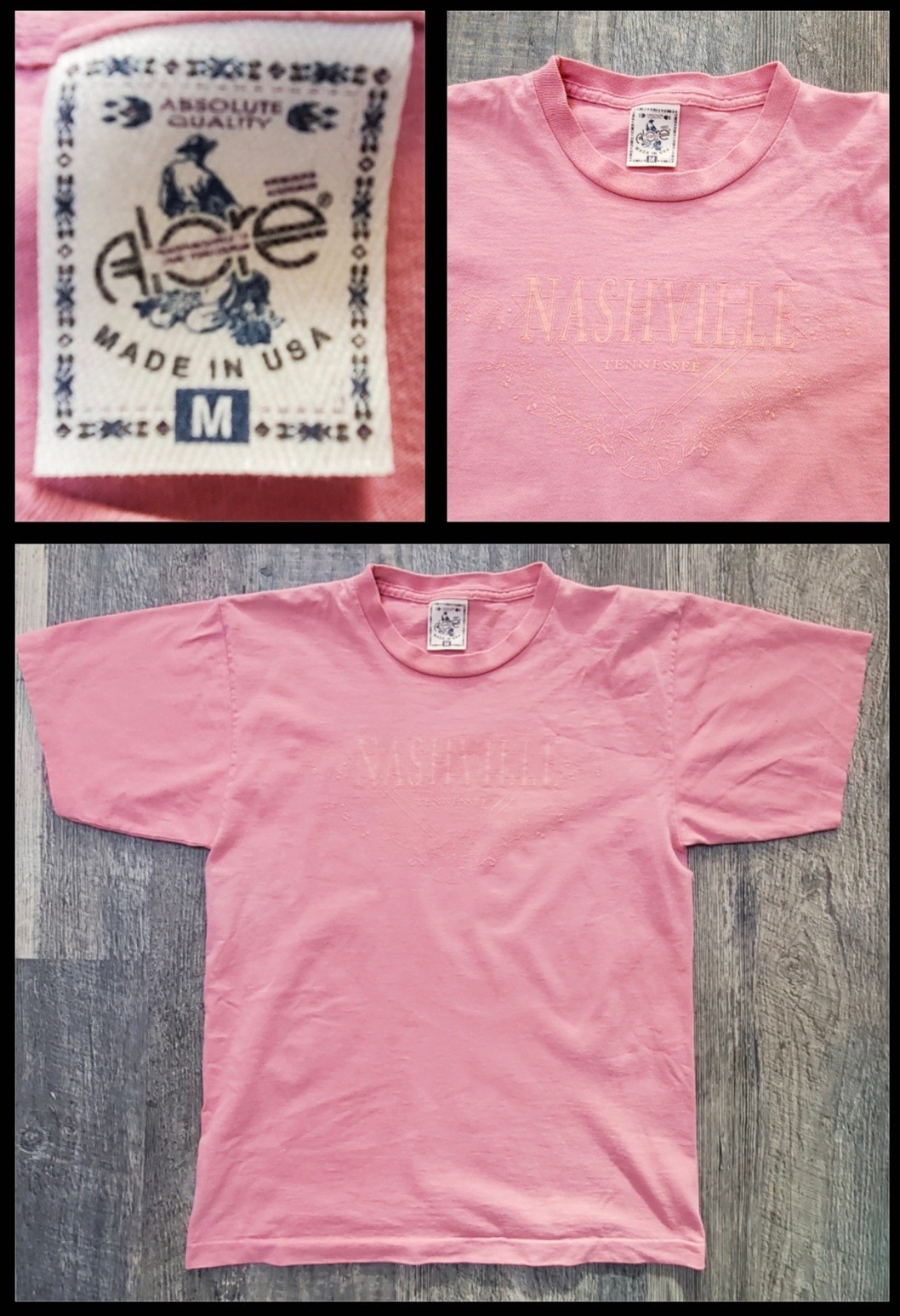 Vintage 90\'s Nashville, Tennessee Single-Stitch Salmon Pink Medium T-Shirt~Alore