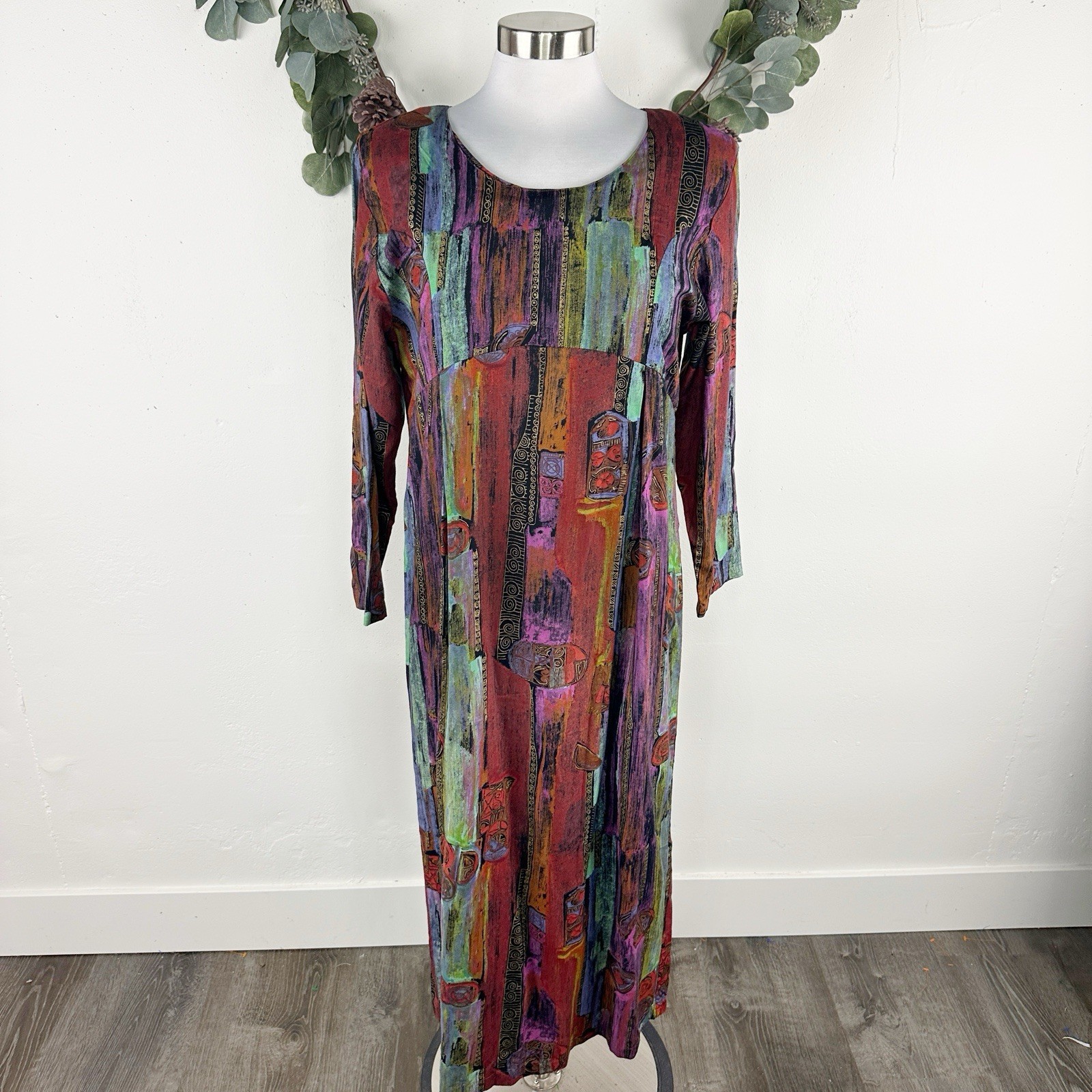 90s Passports Pier One Sheath Dress M Abstract Print Rayon Midi Modest Pleats