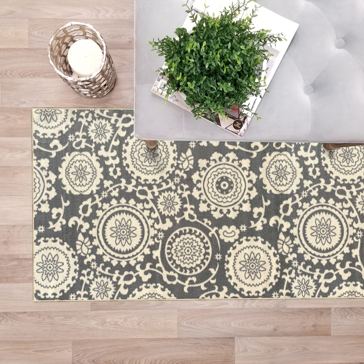 Custom Size Stair Hallway Runner Rug Rubber Back Non Slip Grey Floral Medallion