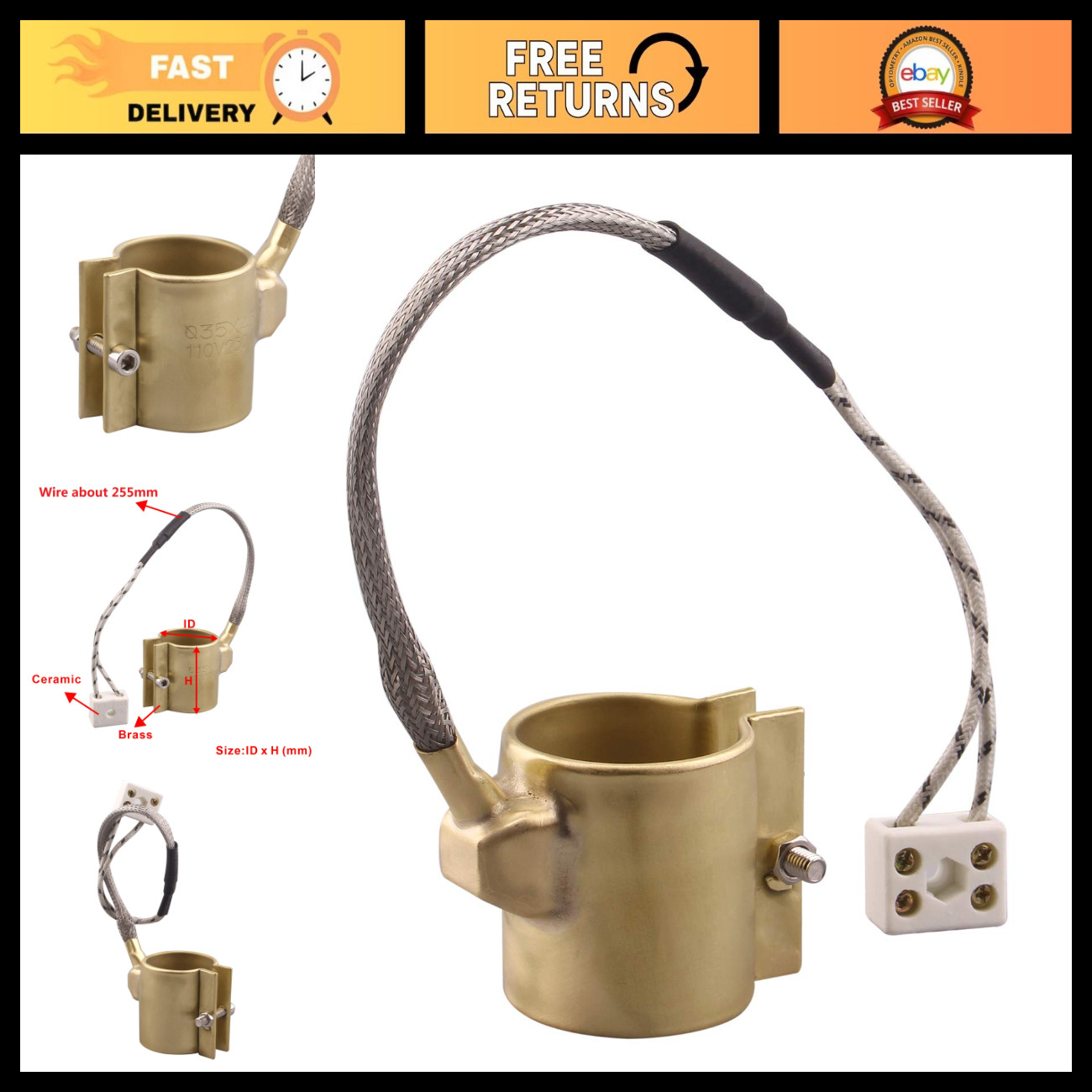 250W Brass Band Heater 110V for Injection Molding Machine - 35mm x 45mm Heating 250W Brass Band Heater 110V for Injection Molding Machine - 35mm x 45mm Heating