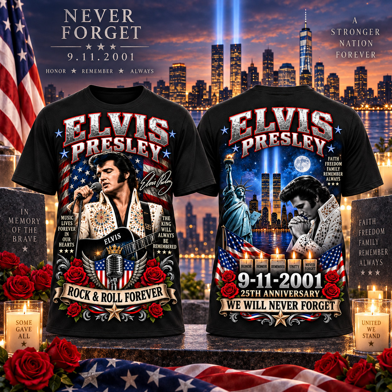 9/11 25th Anniversary Shirt Elvis Presley Tribute We Will Never Forget Tee