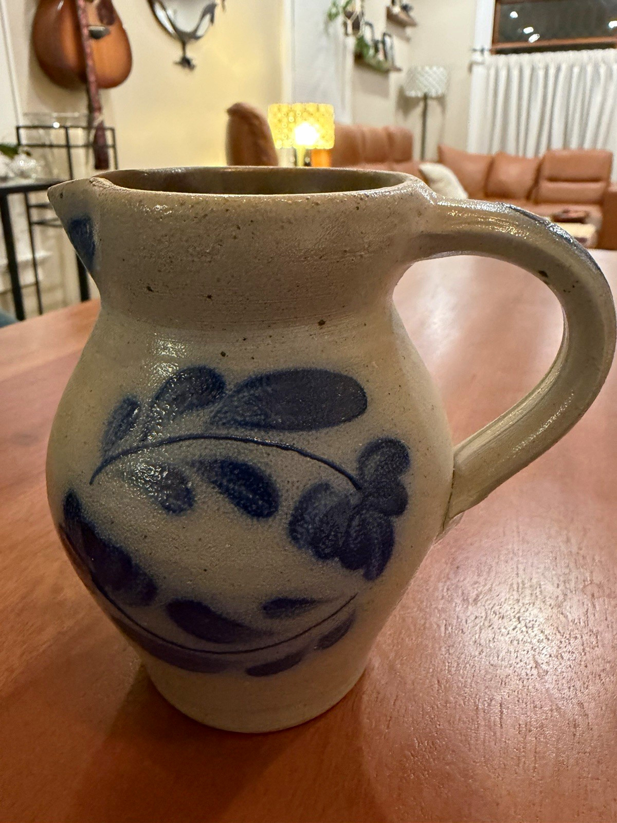 Vtg 1989 Rockdale Union Stoneware Pitcher Cobalt Blue Floral Salt Glaze Art 5”
