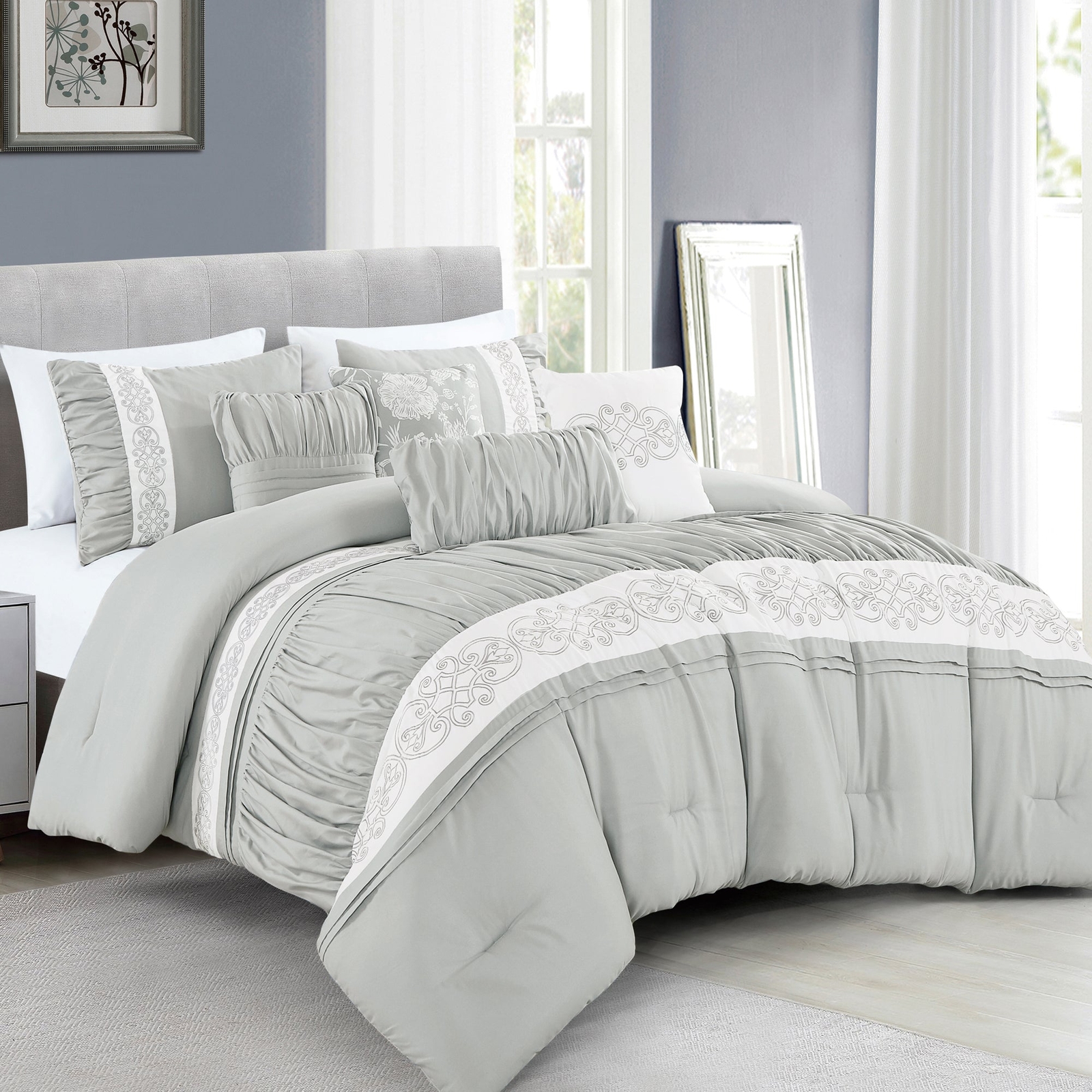 7PCS Gray and White Print Bedding Comforter Set Maxine