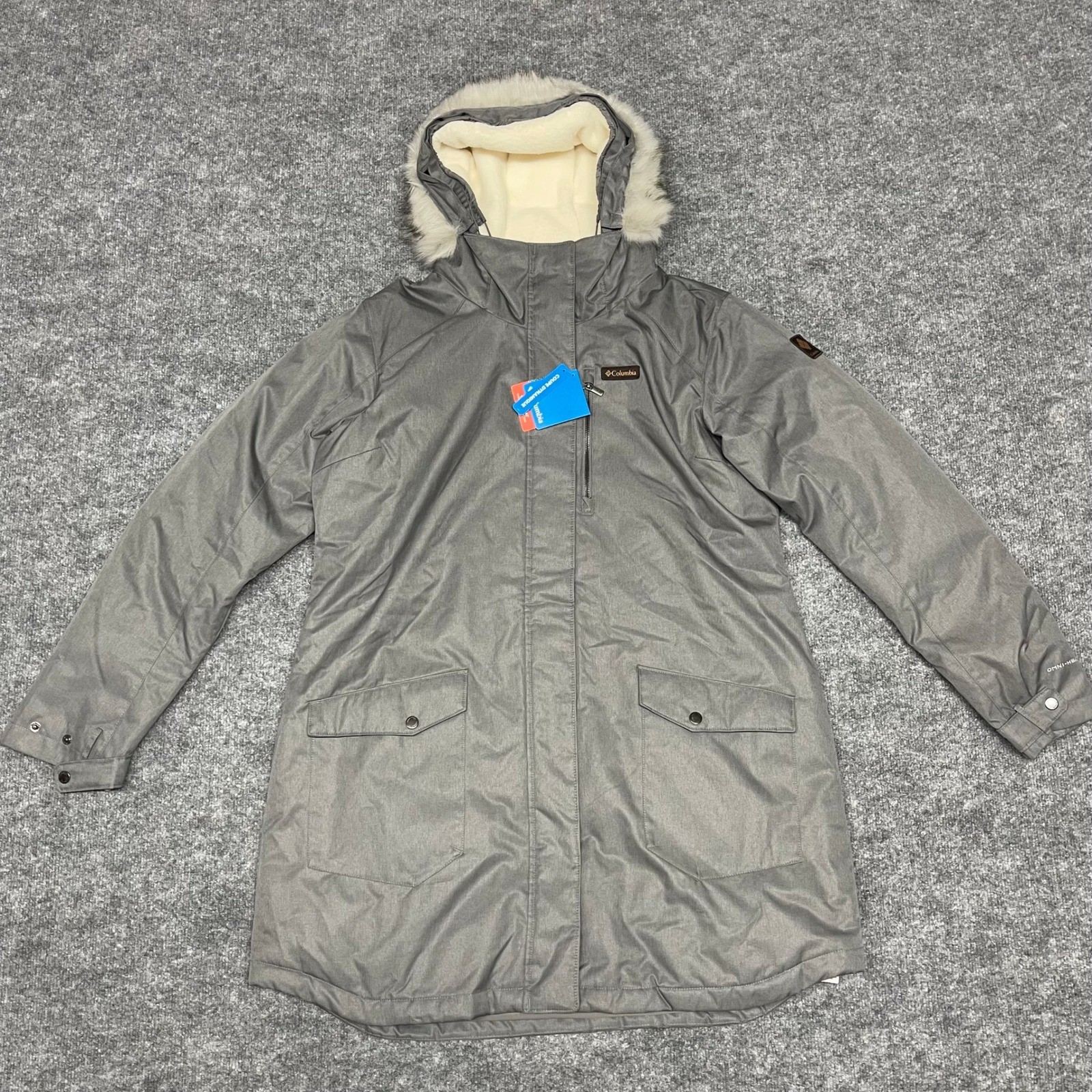 Columbia Long Jacket Womens XXL 2XL Grey Suttle Mountain Insulated Faux Fur Hood